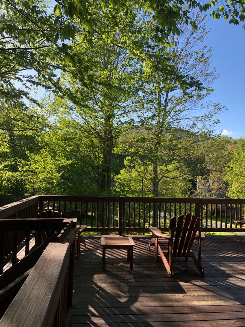 Unwind on your private deck surrounded by lush trees, where Adirondack chairs await your morning coffee ritual.