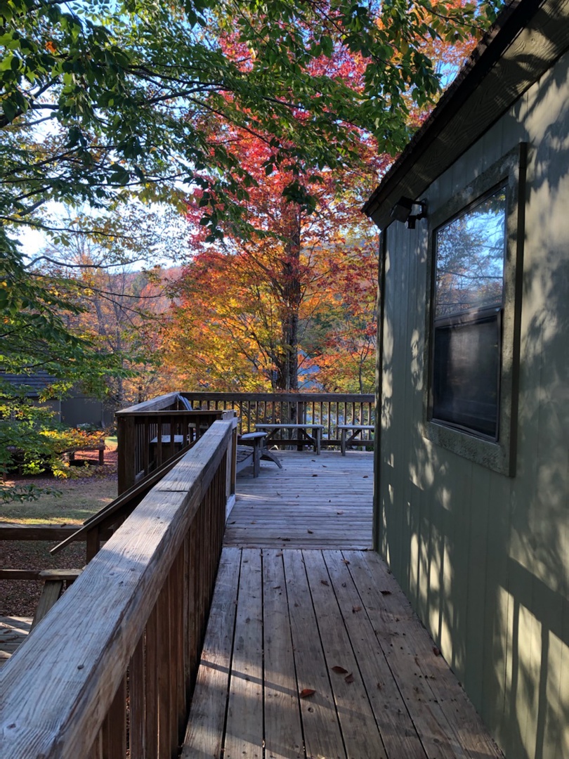 Step onto your private deck surrounded by brilliant autumn foliage, where vibrant reds and golds create the perfect backdrop for your morning coffee.