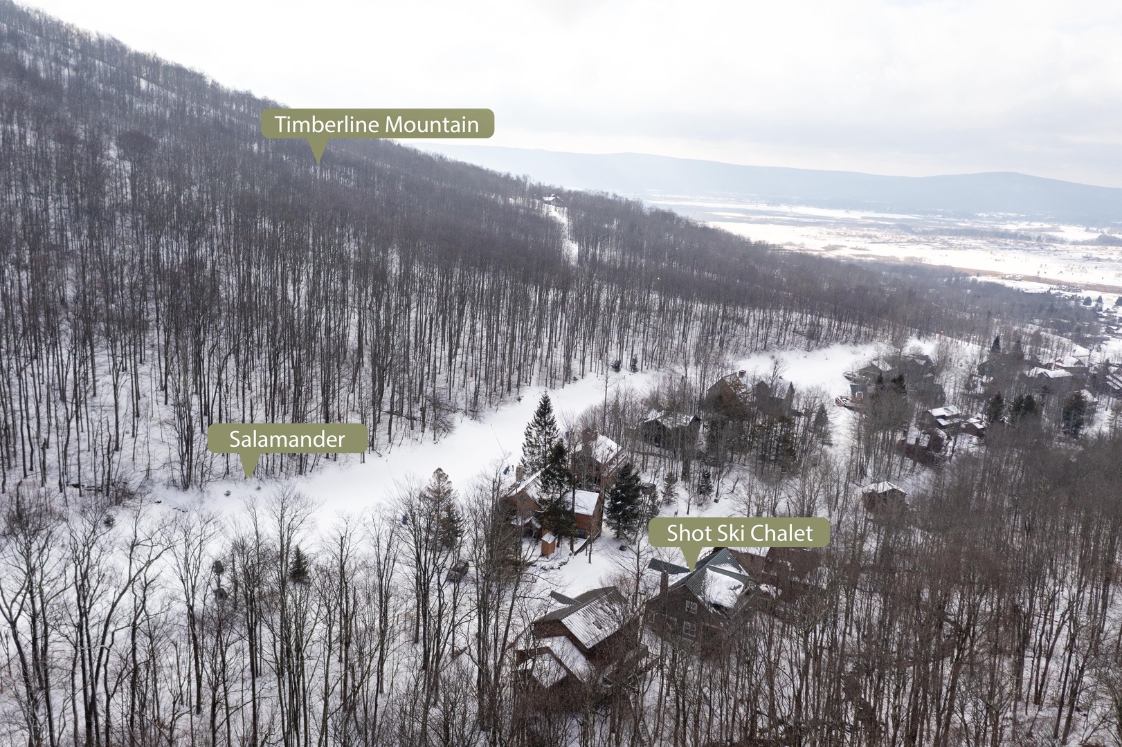 Aerial view of the Shot Ski Chalet nestled among snow-covered trees on Timberline Mountain, with winter landscape extending across the valley below.