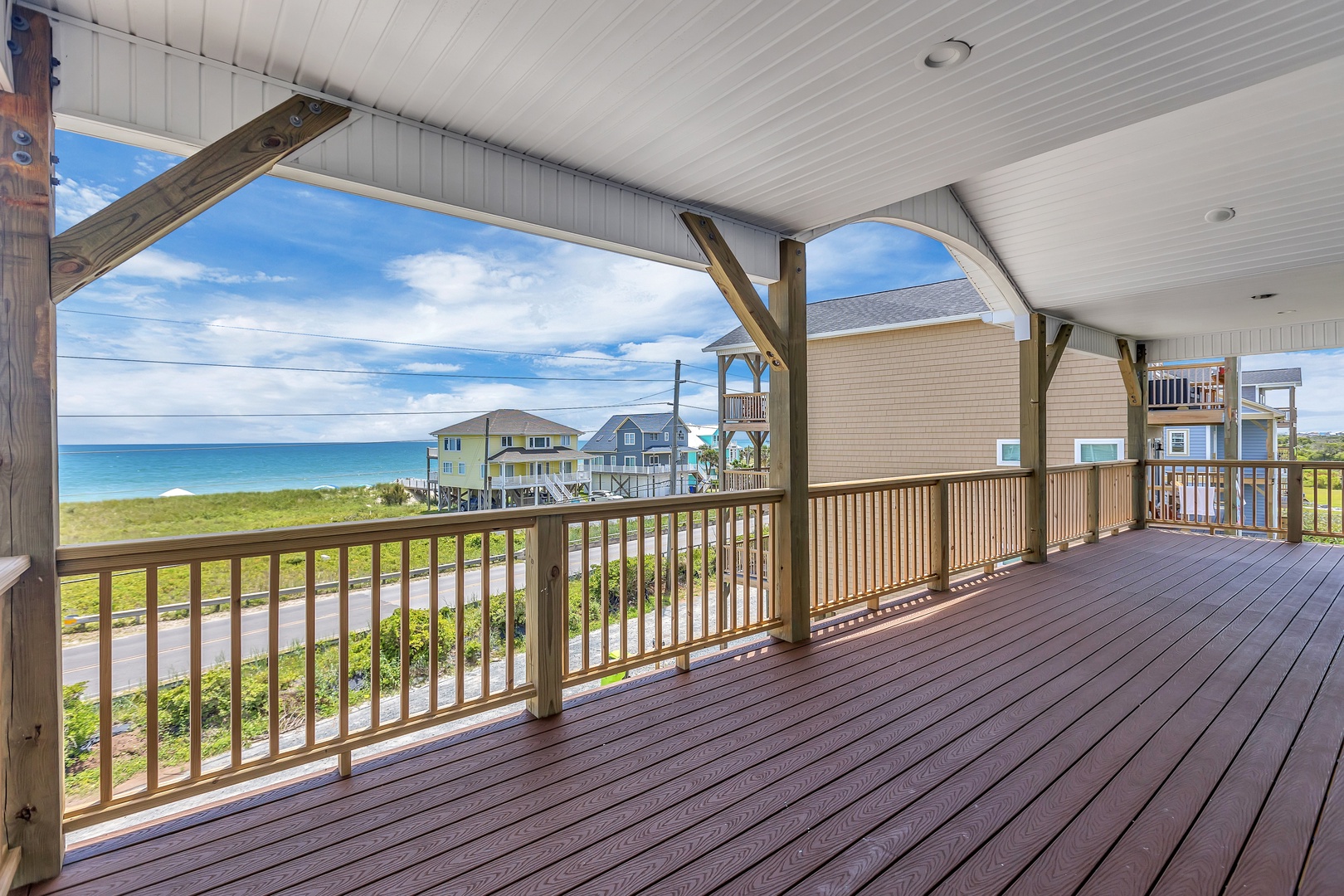 The covered deck with beautiful ocean views