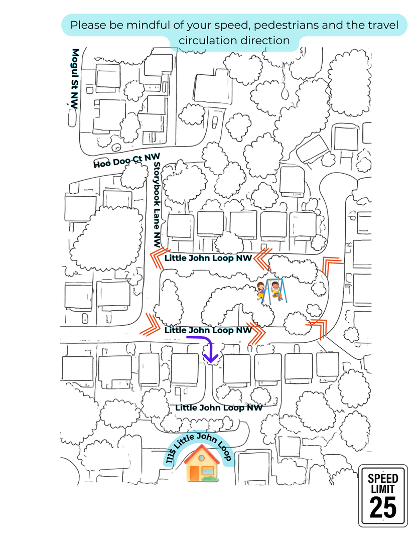 A helpful map showing circulation directions through a residential neighborhood, with arrows guiding drivers through the quiet streets and loops near your vacation rental.