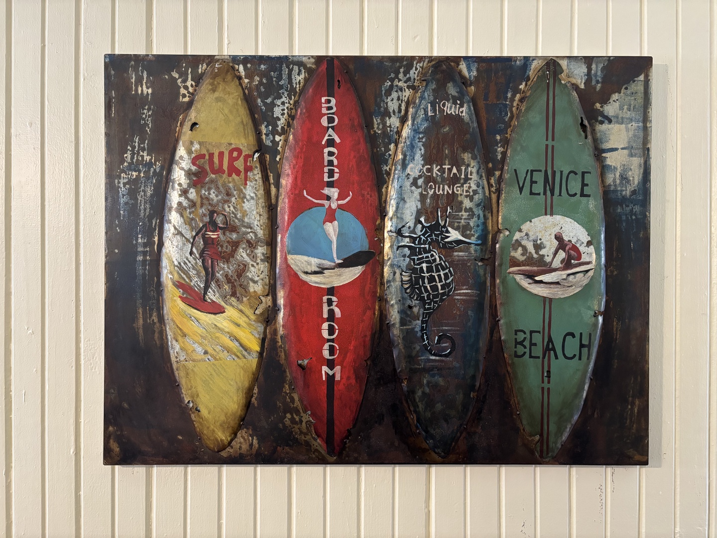 This vintage surfboard artwork captures the nostalgic spirit of classic beach culture, adding coastal charm and laid-back vibes to your space.