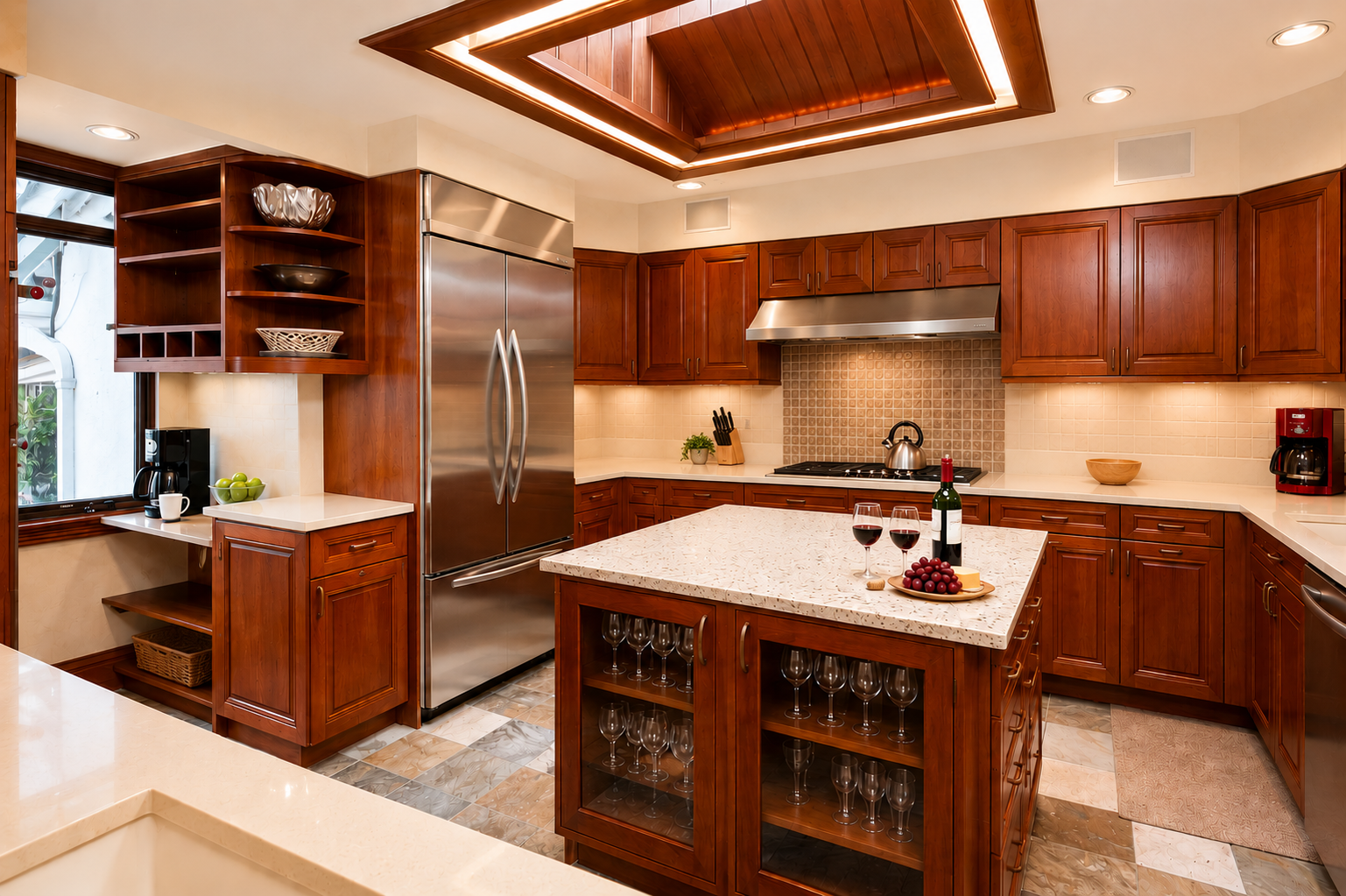 Your gourmet kitchen awaits with rich cherry cabinetry, granite counters, and stainless appliances. The center island invites you to gather for wine and conversation under elegant recessed lighting.