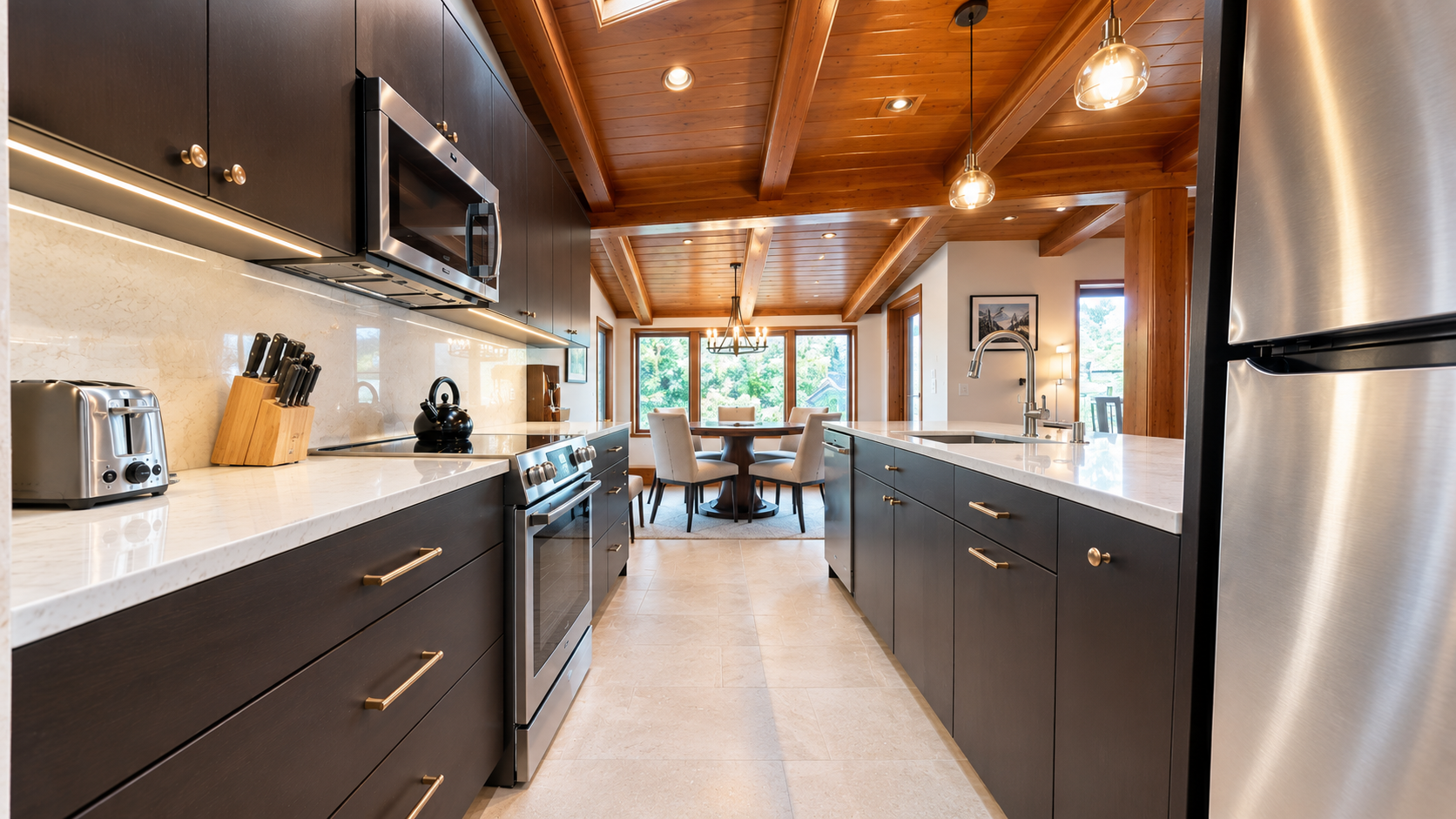 Your gourmet kitchen invites you to cook with ease, featuring sleek countertops, stainless appliances, and warm wood-beam ceilings that create a welcoming space to gather and share meals.