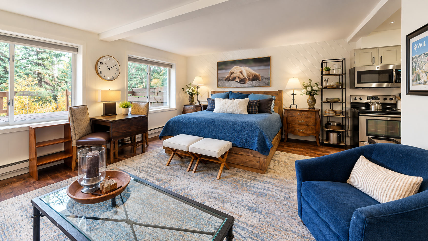 Cozy Rustic Studio with Blue Accents