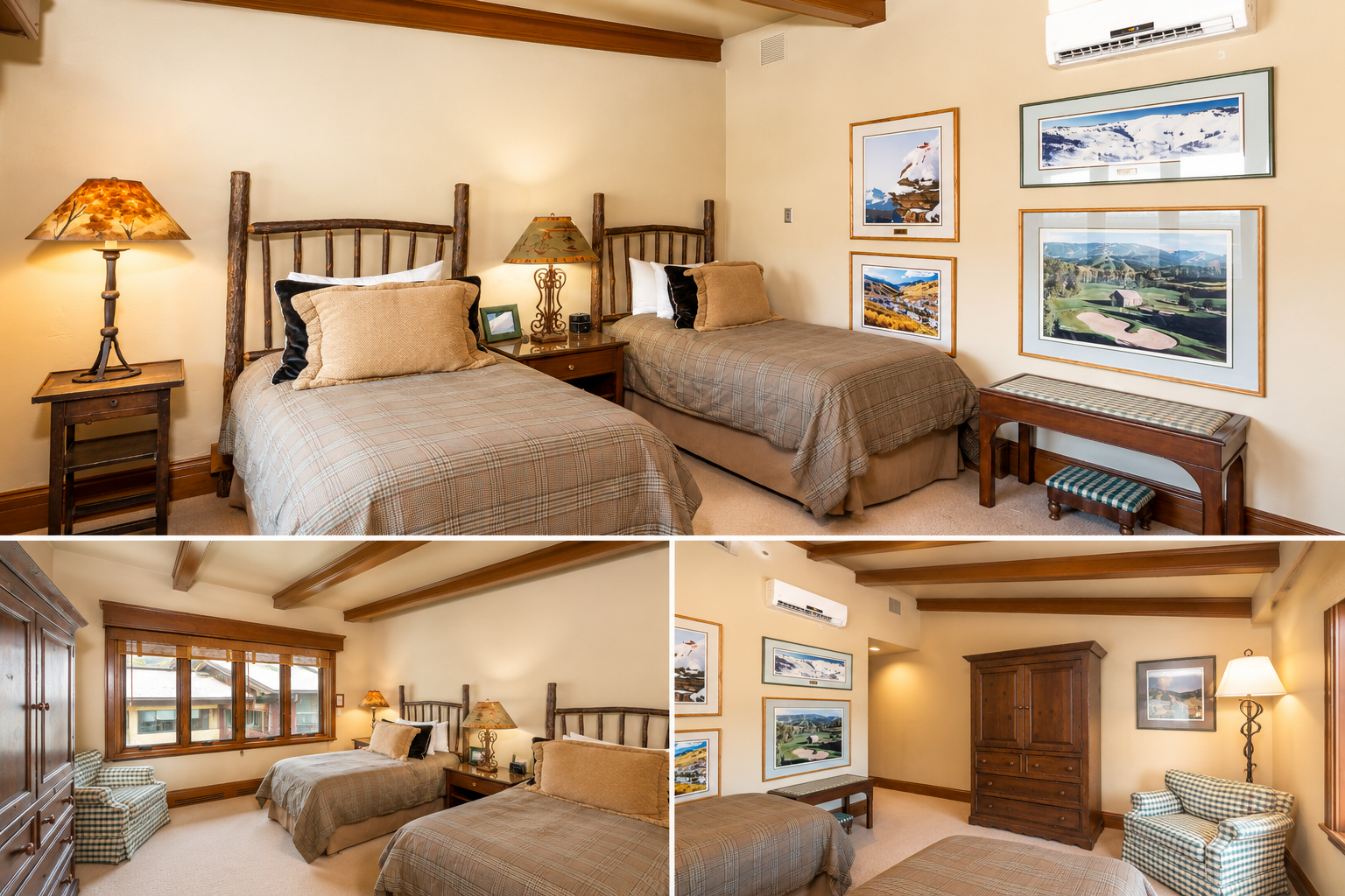 Unwind in your cozy twin bedroom with rustic wooden accents, warm lighting, and a peaceful ambiance designed for restful evenings and leisurely mornings.