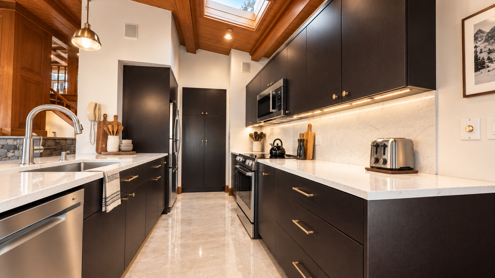 Step into your sleek, modern kitchen where every detail invites you to create and gather. Warm wood beams meet elegant marble counters, while sunlight pours through the skylight above—your space for mountain meals and morning coffee.