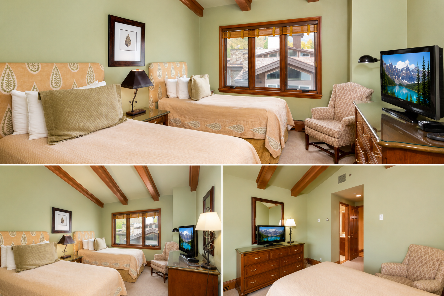 Your peaceful retreat features two plush beds, warm wood-beam ceilings, a cozy armchair, and mountain views—perfect for unwinding after a day of adventure.
