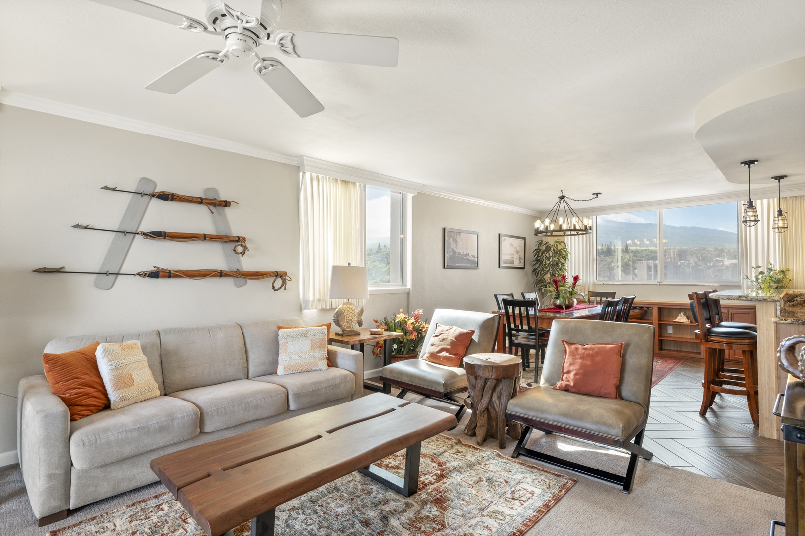 Unwind in your bright, welcoming living space with mountain views stretching across the horizon. Comfortable seating and thoughtful touches create the perfect setting for your mountain getaway.