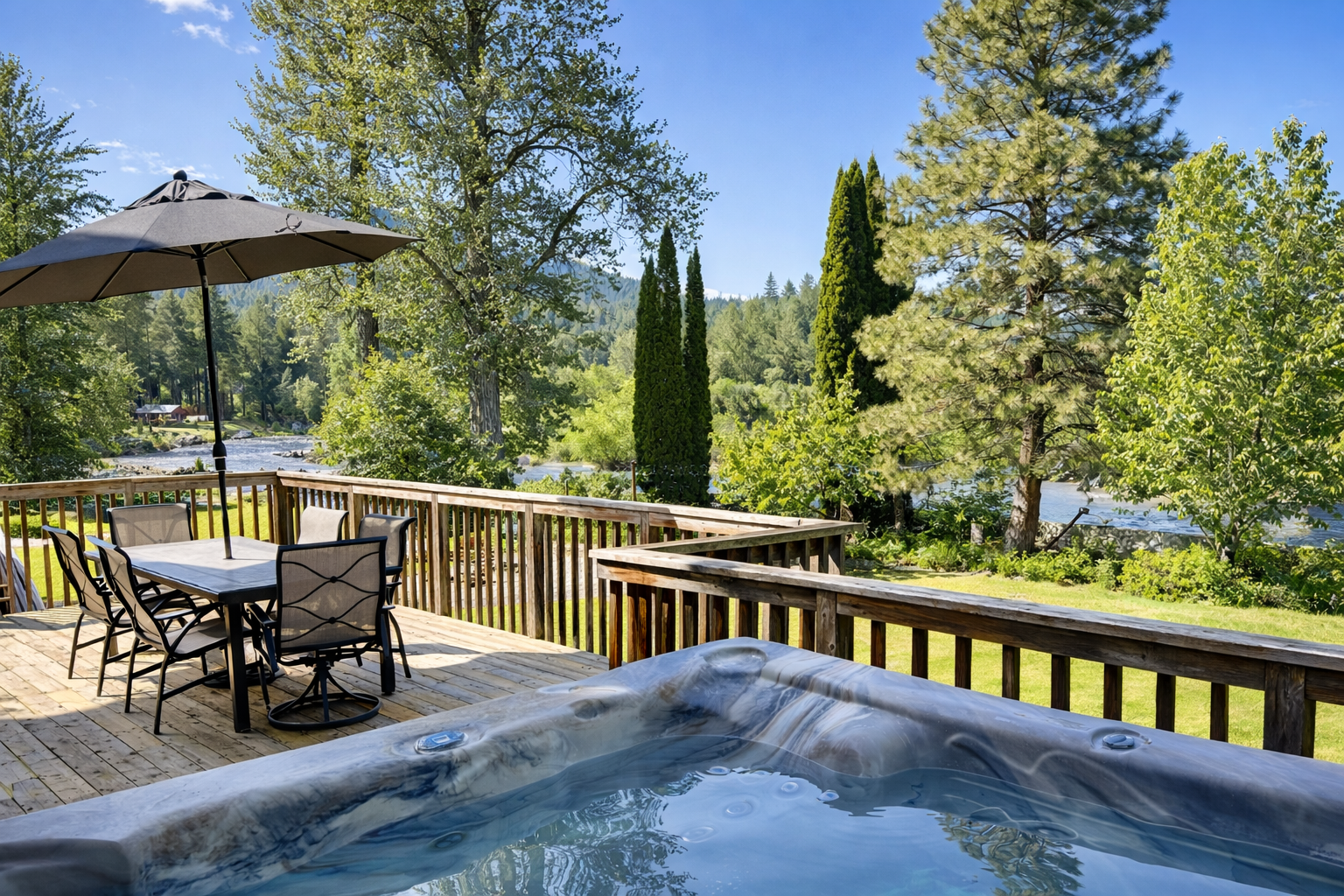 Riverwood Lodge | Riverside Gathering | Game Room | Yard |Hot Tub