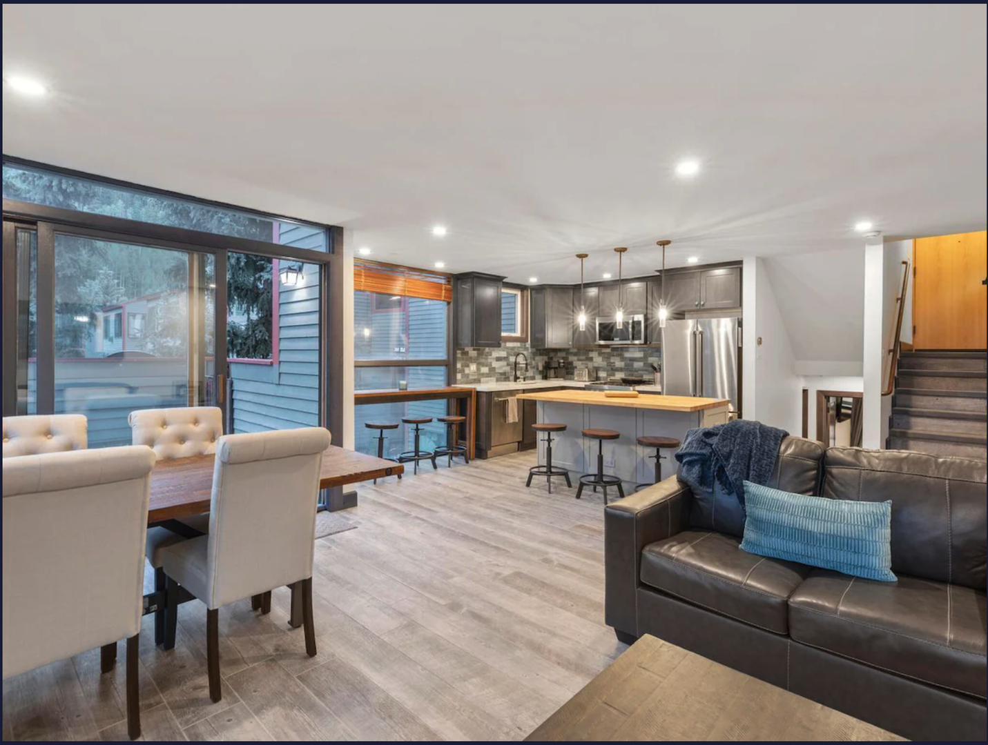 Open concept kitchen, living and dining area