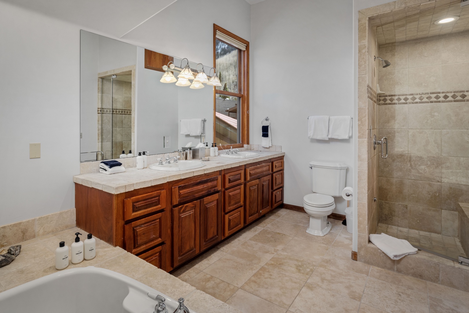 Primary bathroom - Steam shower, jetted tub and double vanity