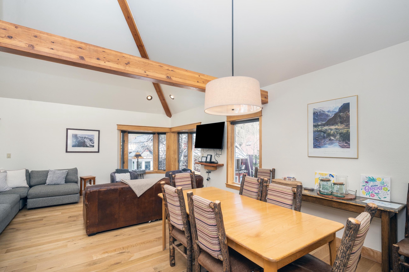 Open concept kitchen, living and dining area