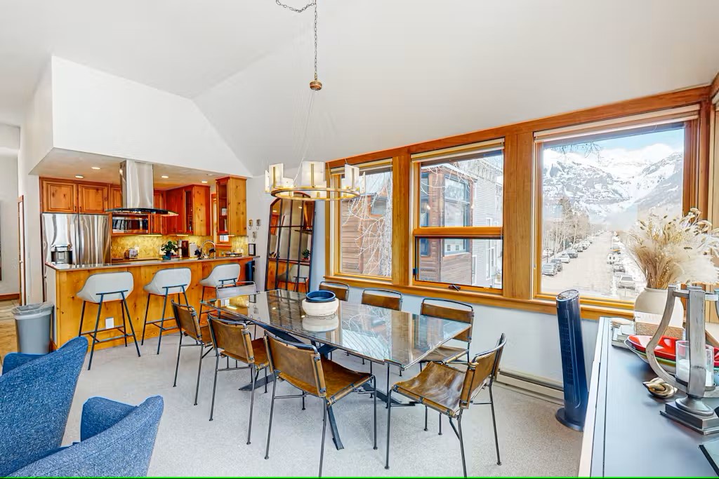 Updated dining area with views to the end of the valley and Ballard Peak
