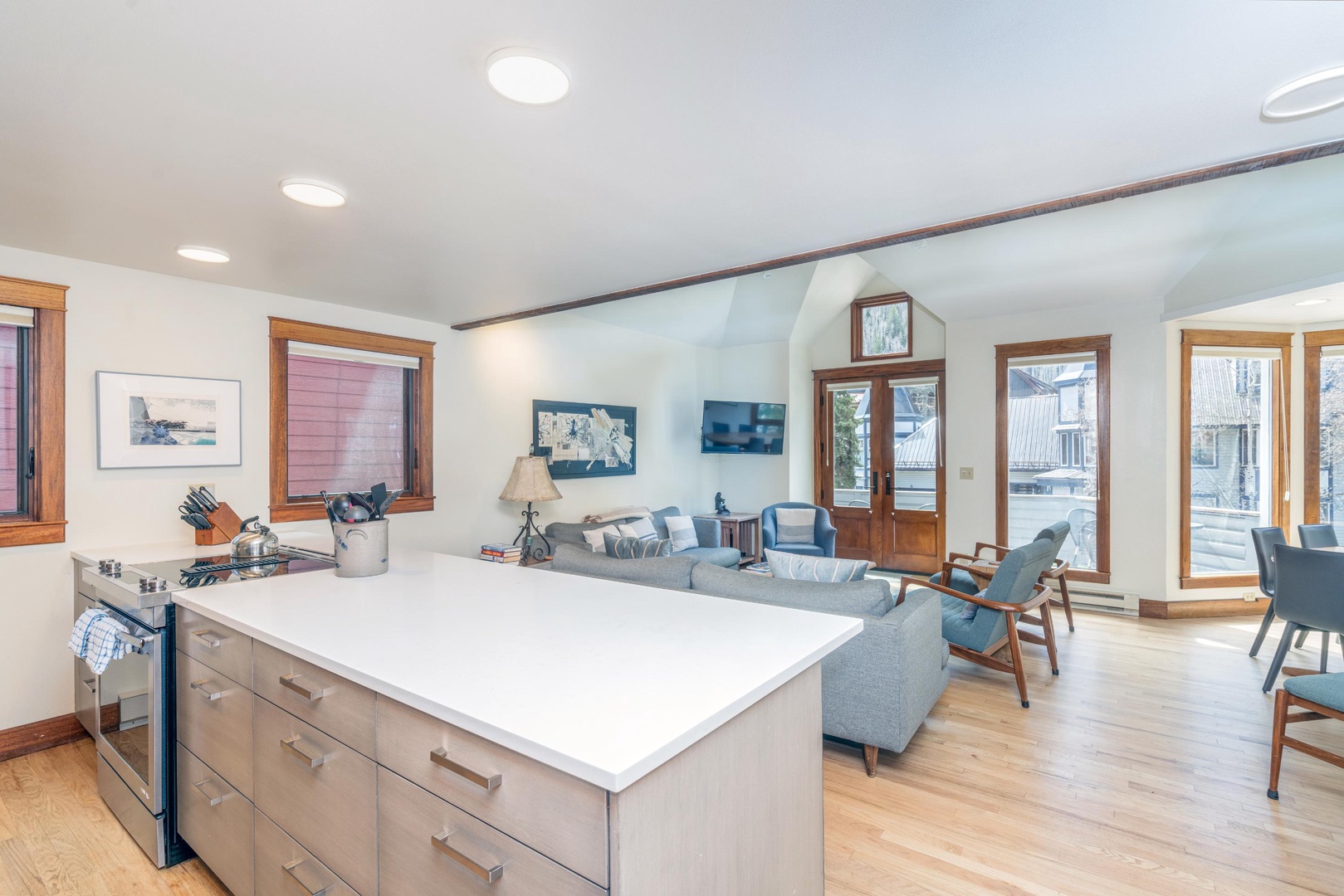 Open concept kitchen, living and dining area