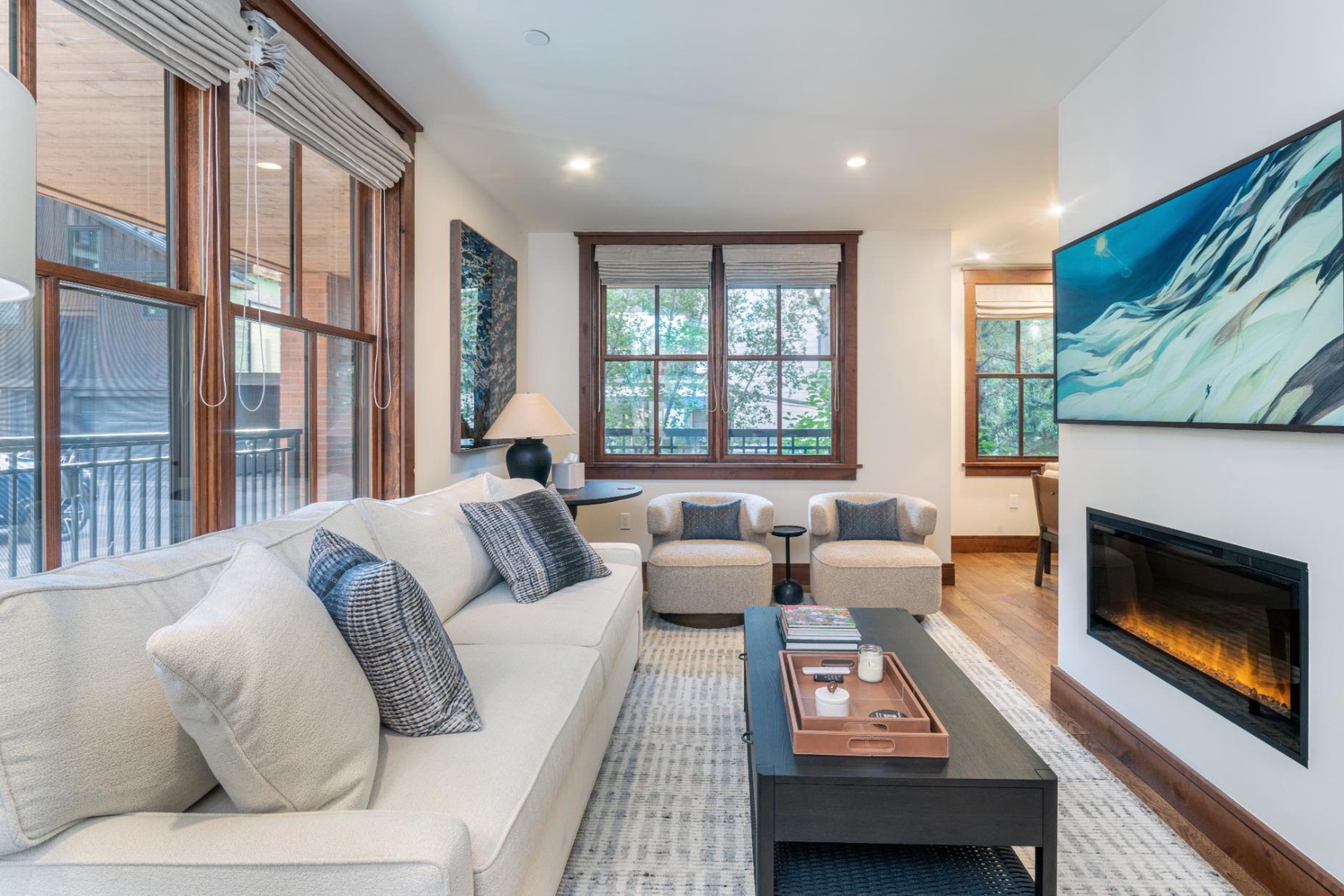Cozy living room with a great fireplace and lots of places to chill