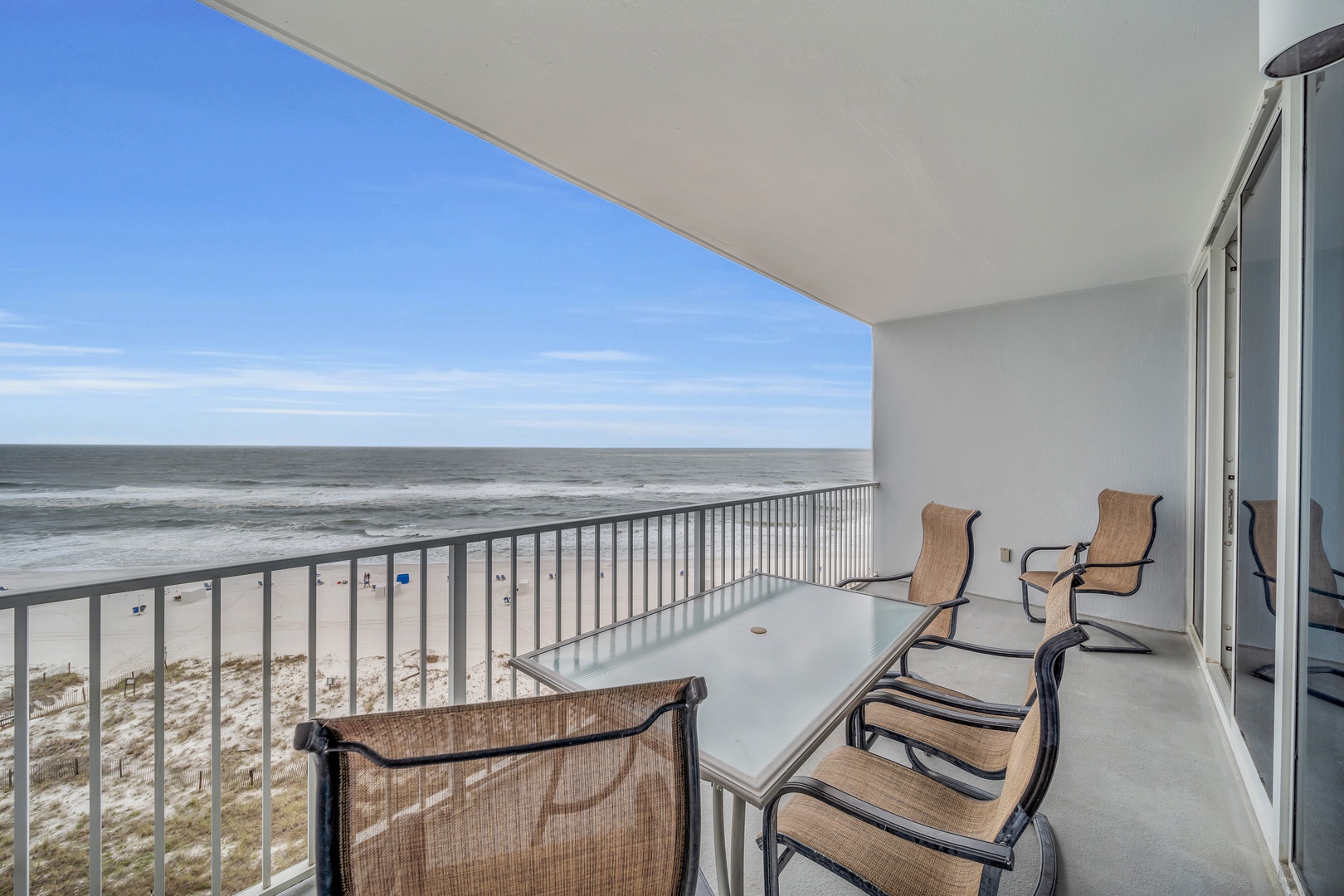 The Balcony offers a panoramic view of the Beautiful Blue-Green waters of the Gulf of Mexico and the White Sugar Beaches of Gulf Shores.