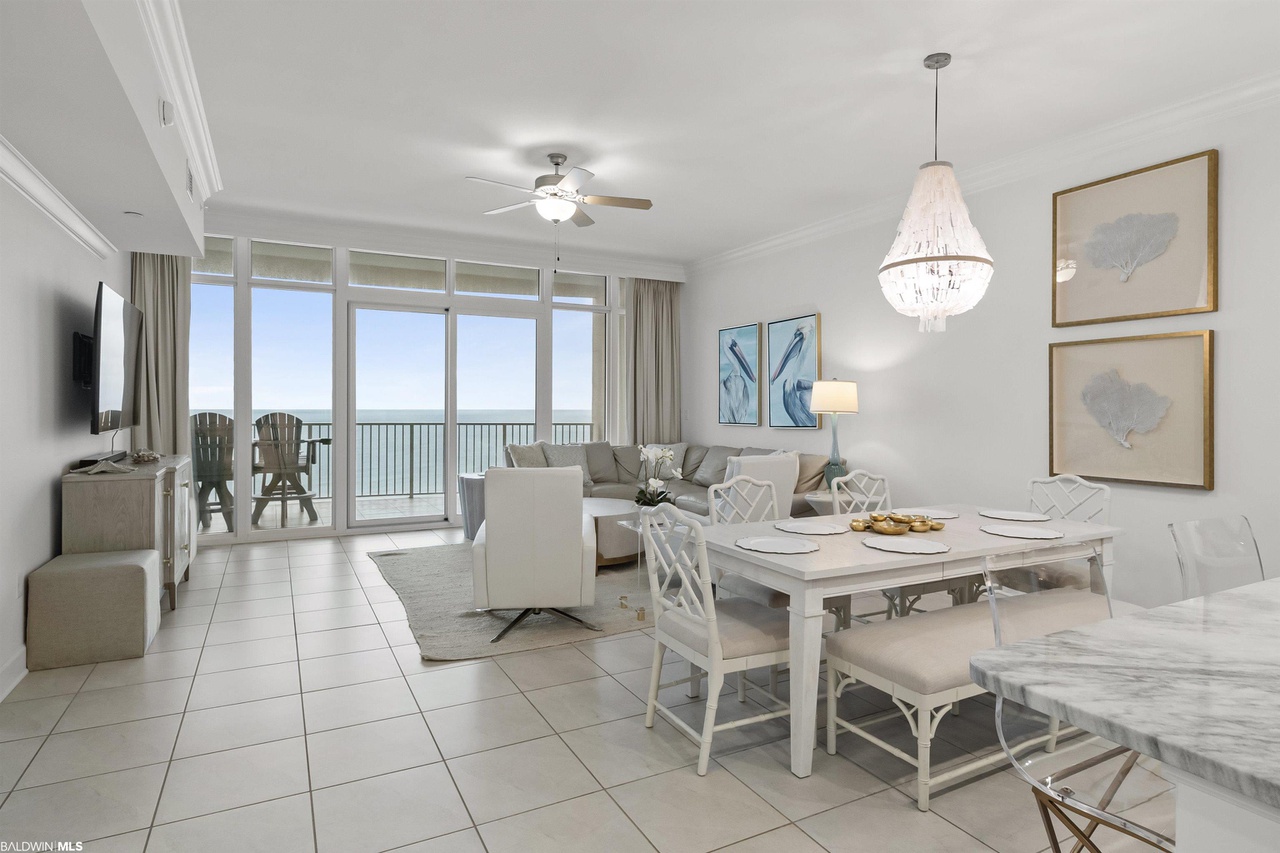 Living room opens up into dining area