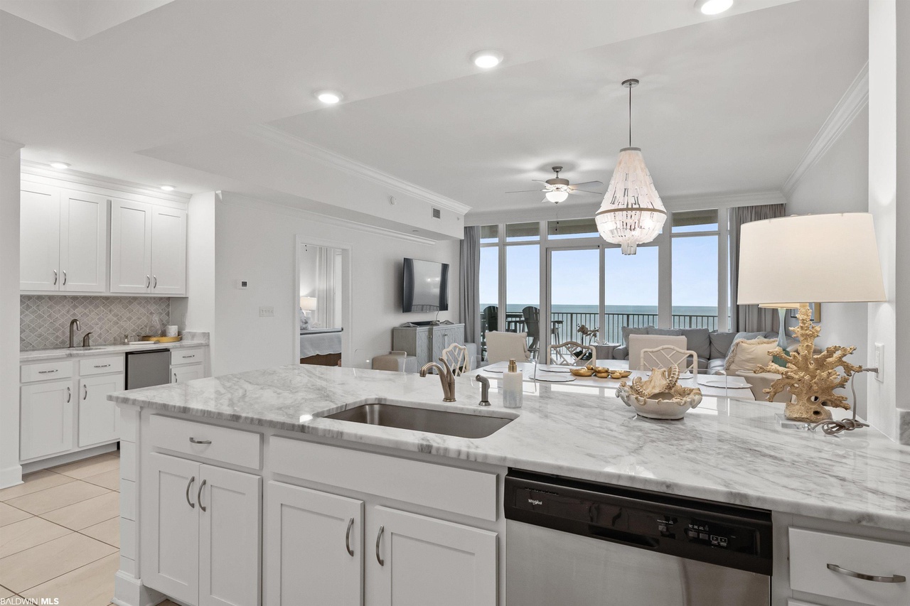 Kitchen overlooks dining area