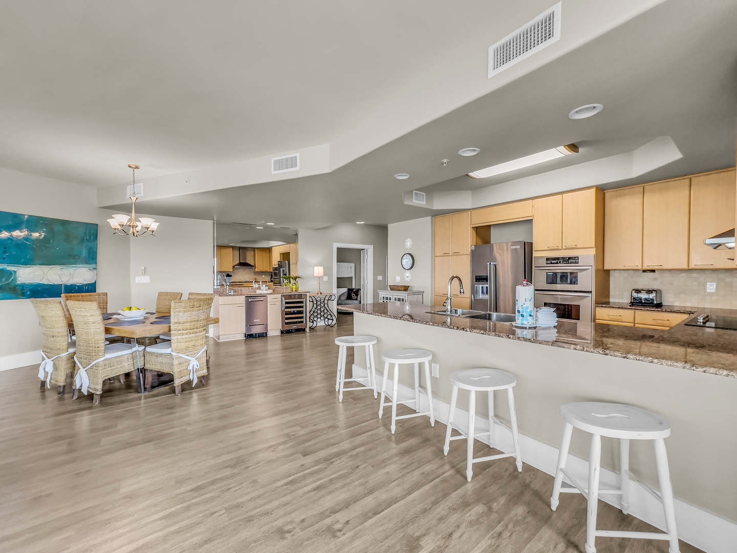 Living room seamlessly flows into dining area