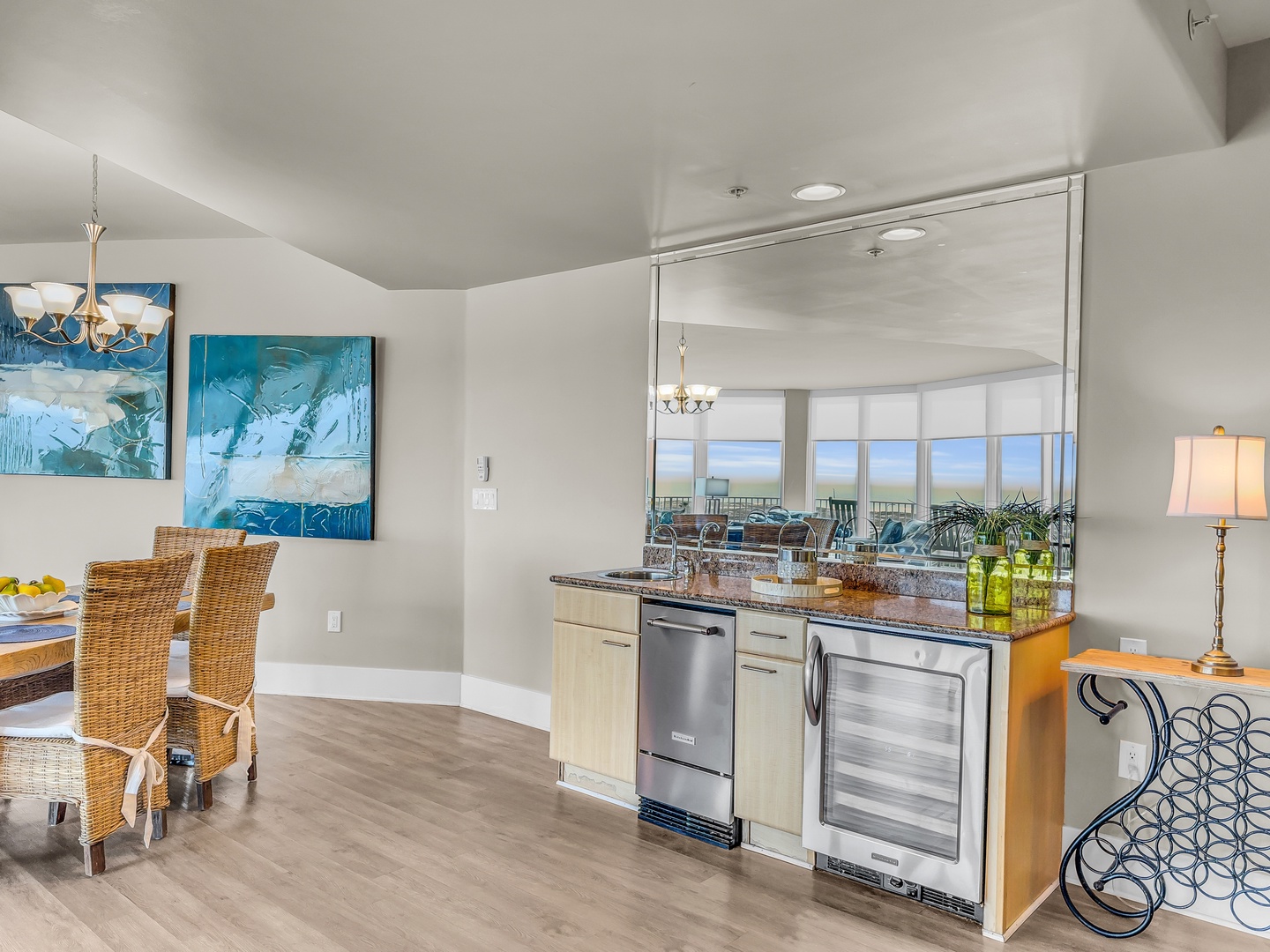 Wet bar with ice maker and wine cooler