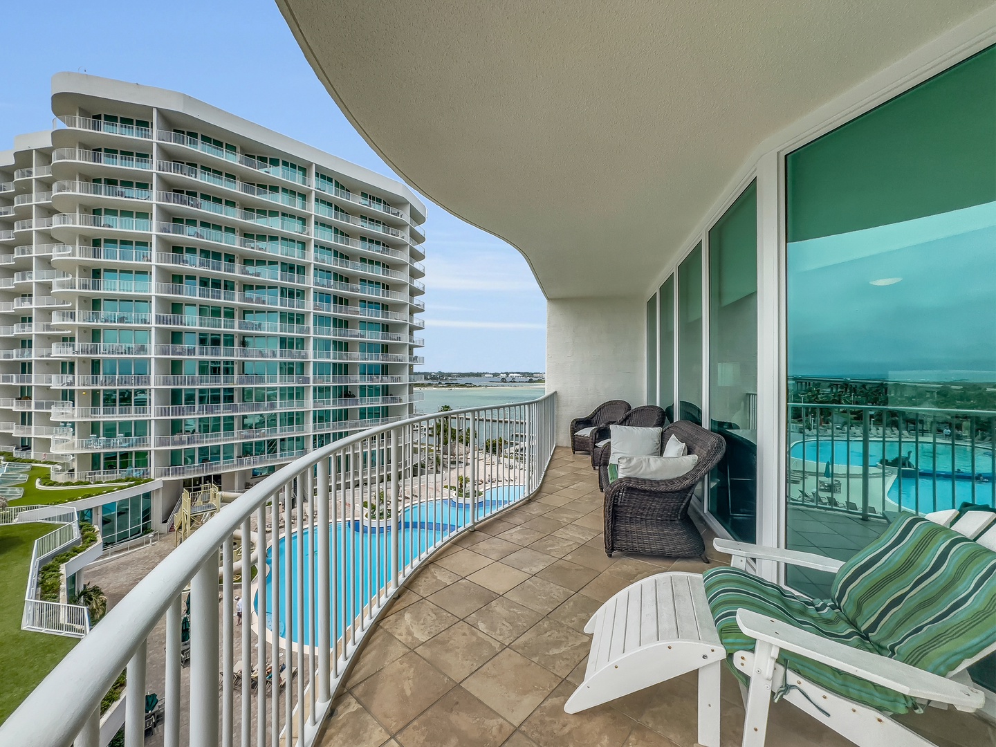 Balcony with view of the pool and bay