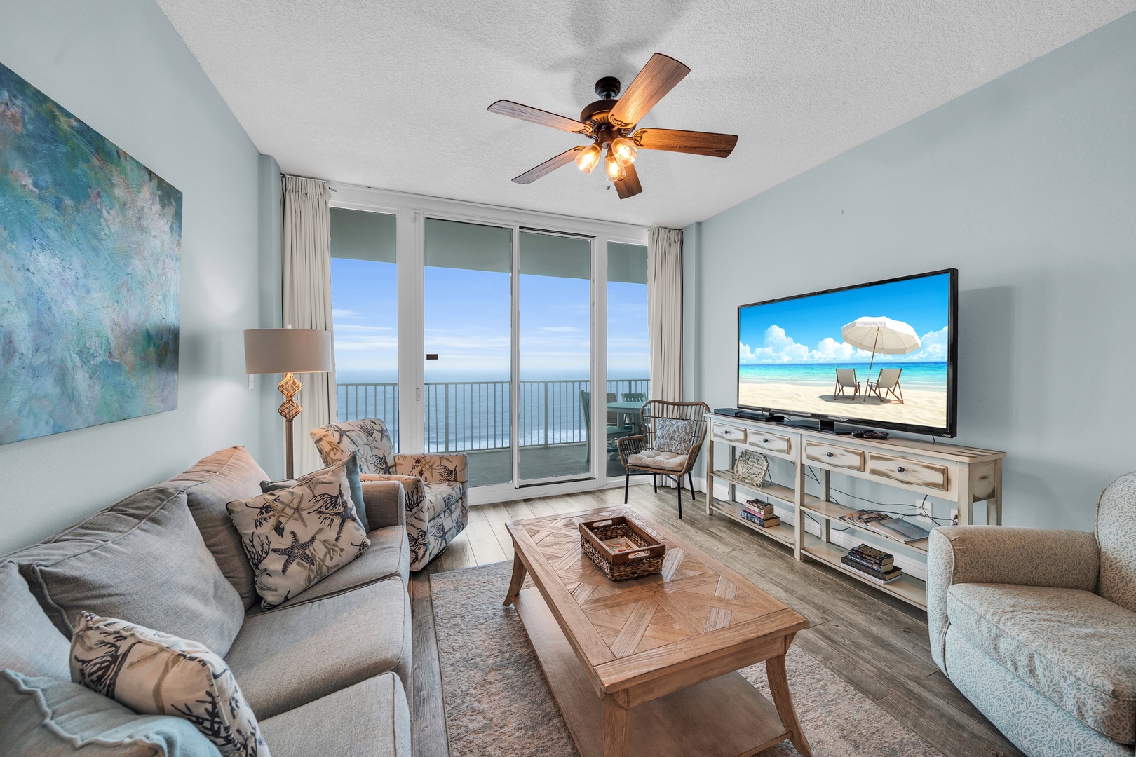 Living room with Gulf view and access to balcony