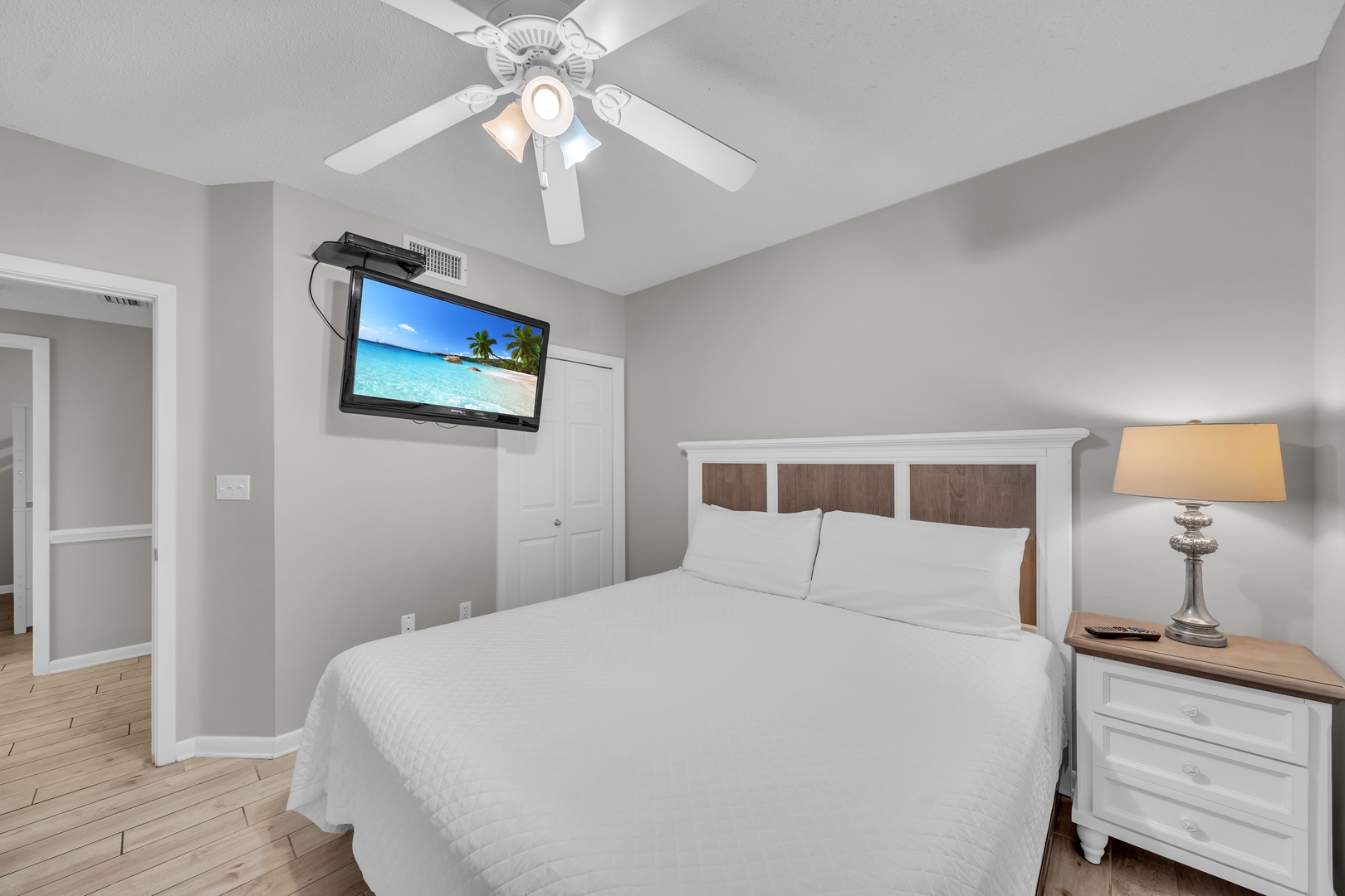 The first Guest Bedroom has a Large Flat-Screen HD TV, and a DVD player.