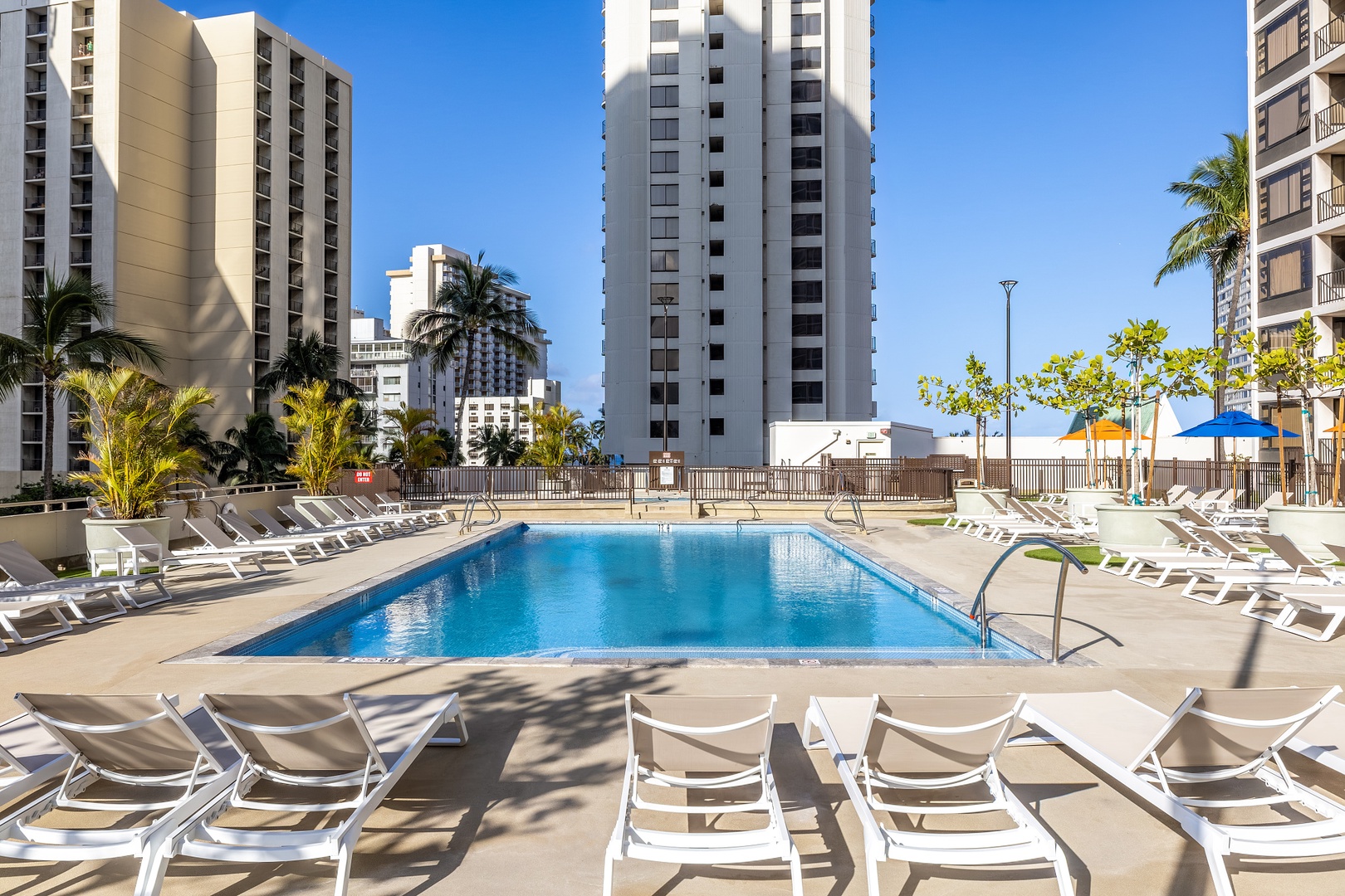 A sparkling outdoor pool surrounded by palm trees and high-rises, offering you the perfect spot to unwind under the warm sun in an urban oasis.