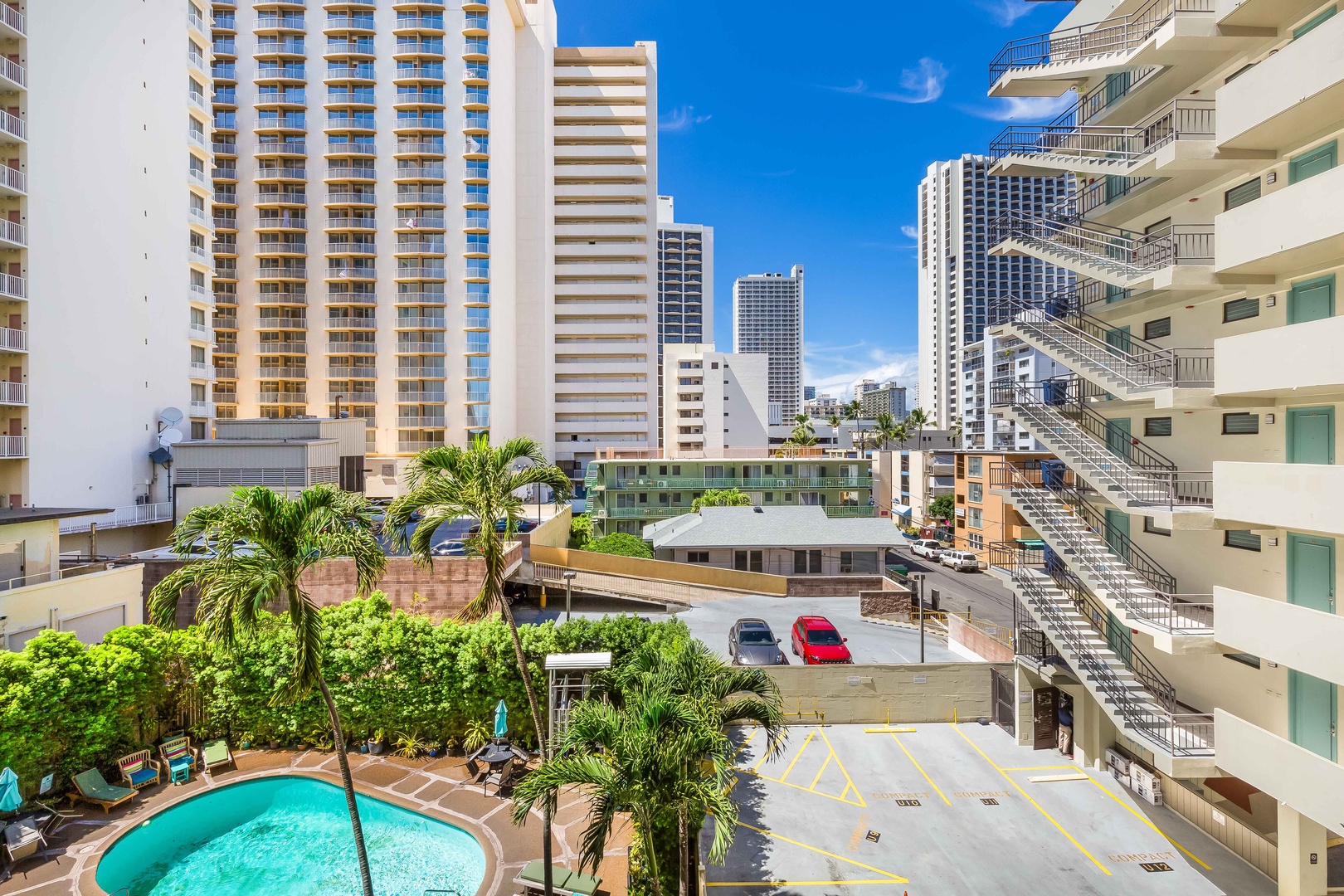 The property is situated in a vibrant urban neighborhood, surrounded by mid-rise and high-rise buildings, offering convenient access to city amenities and attractions.