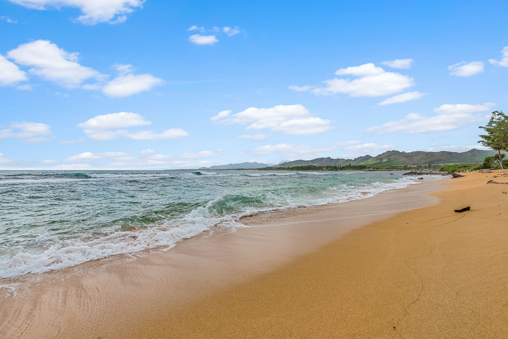 Pristine sandy beach stretches along turquoise waters with rolling hills creating a stunning coastal backdrop.