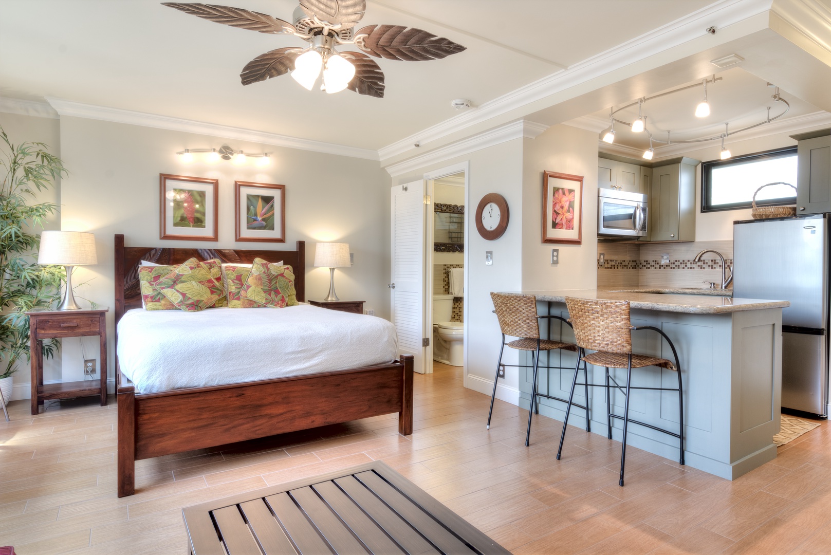 Unwind in your private tropical retreat where comfort meets convenience. A plush king bed, full kitchenette, and thoughtful island touches create a serene space for your perfect getaway.