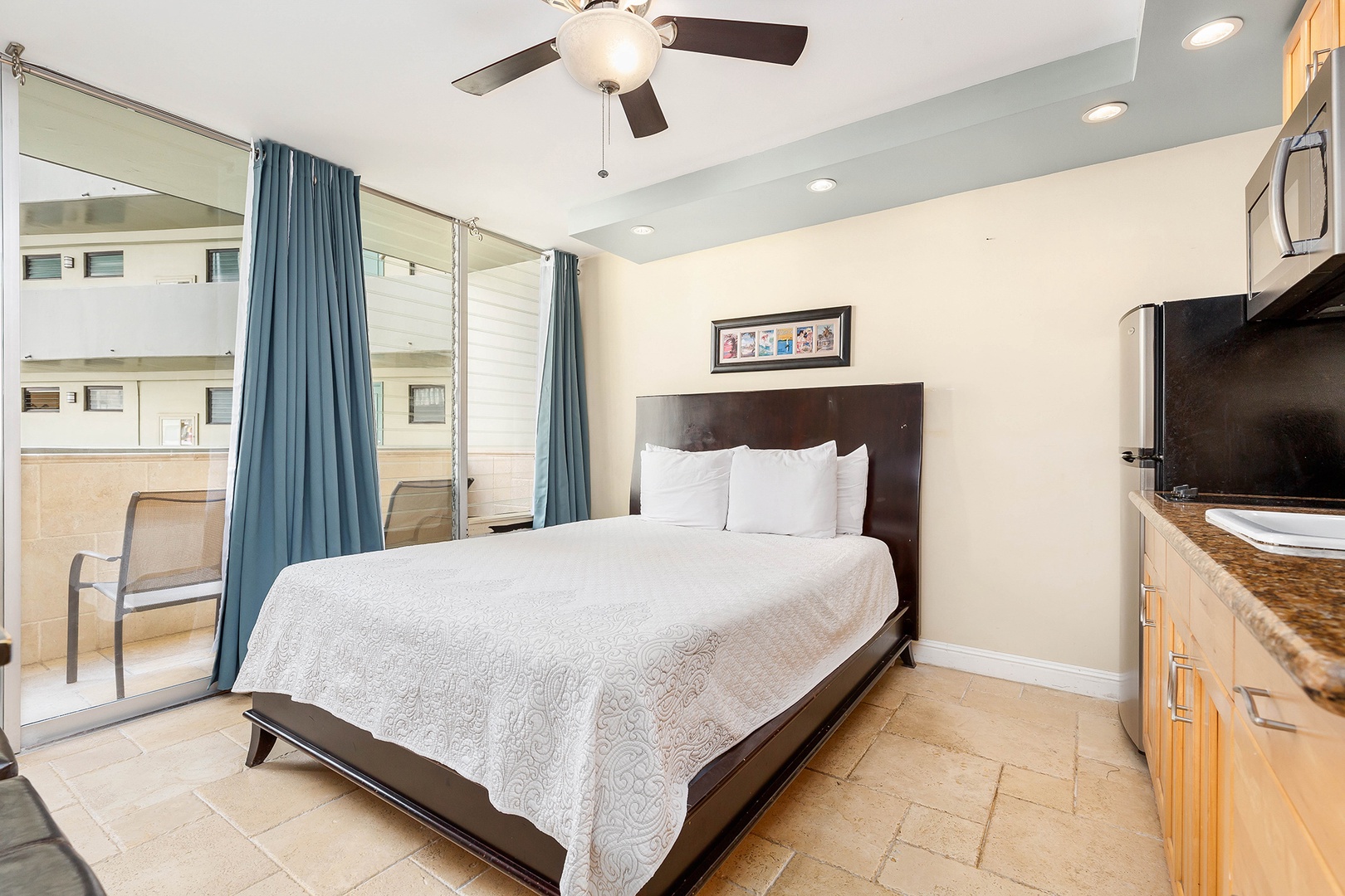 Sink into crisp linens and rest easy in your private retreat, complete with a kitchenette, ceiling fan, and a balcony where you can enjoy your morning coffee.