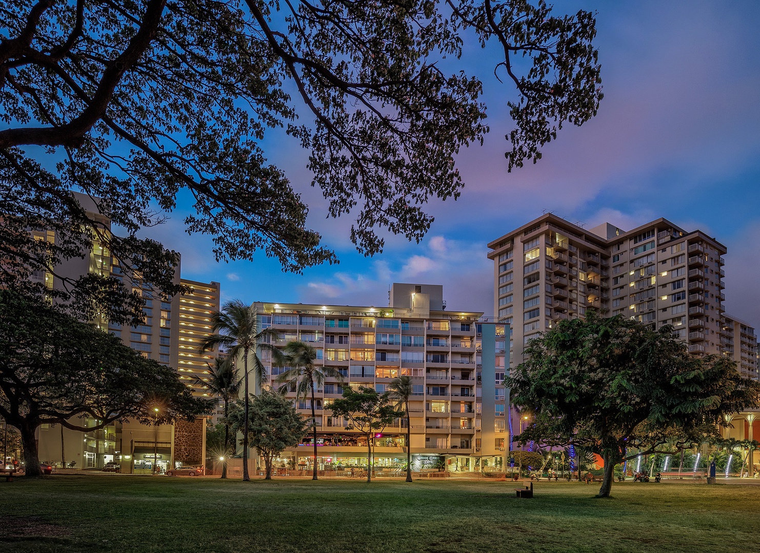 Multi-story property complex framed by tropical greenery, with illuminated buildings standing against twilight sky above a landscaped park area.
