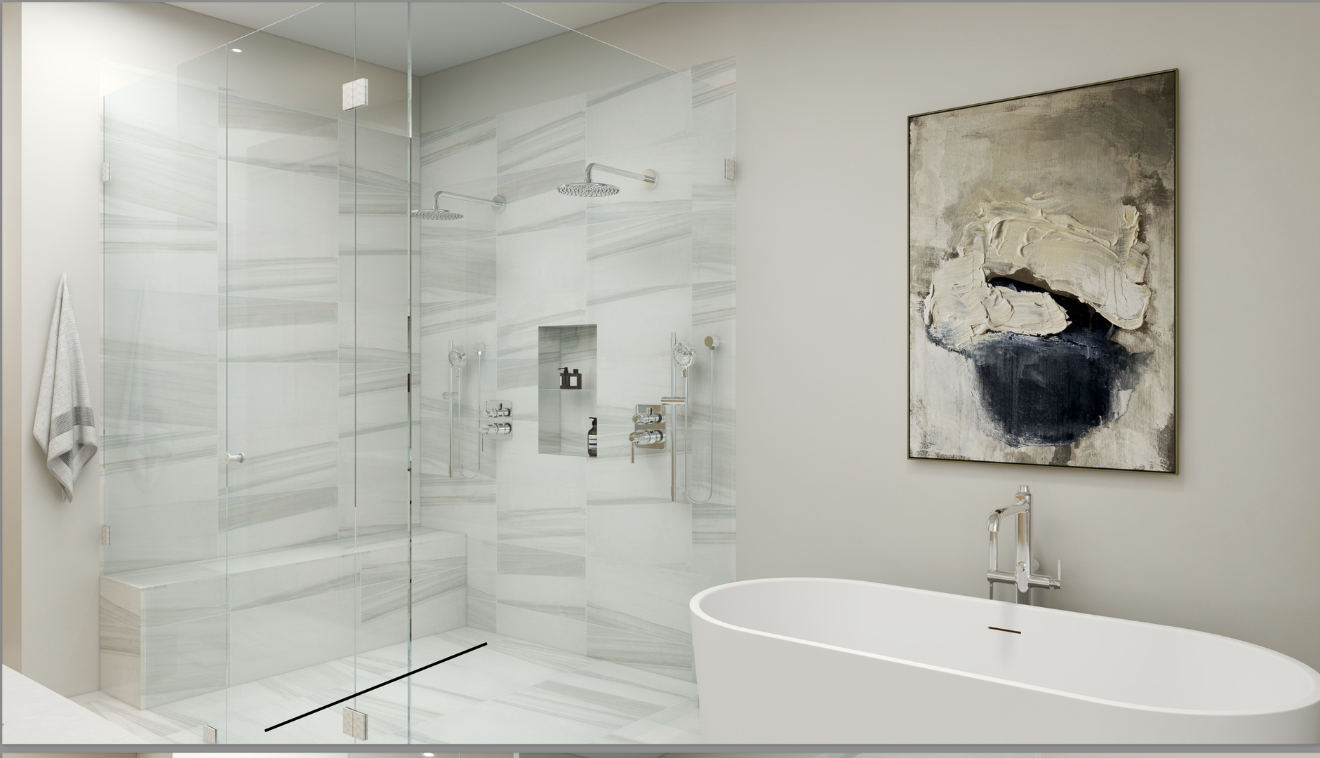 Step into spa-like serenity with a sleek soaking tub and walk-in shower finished in soft, elegant marble. Your private retreat awaits.