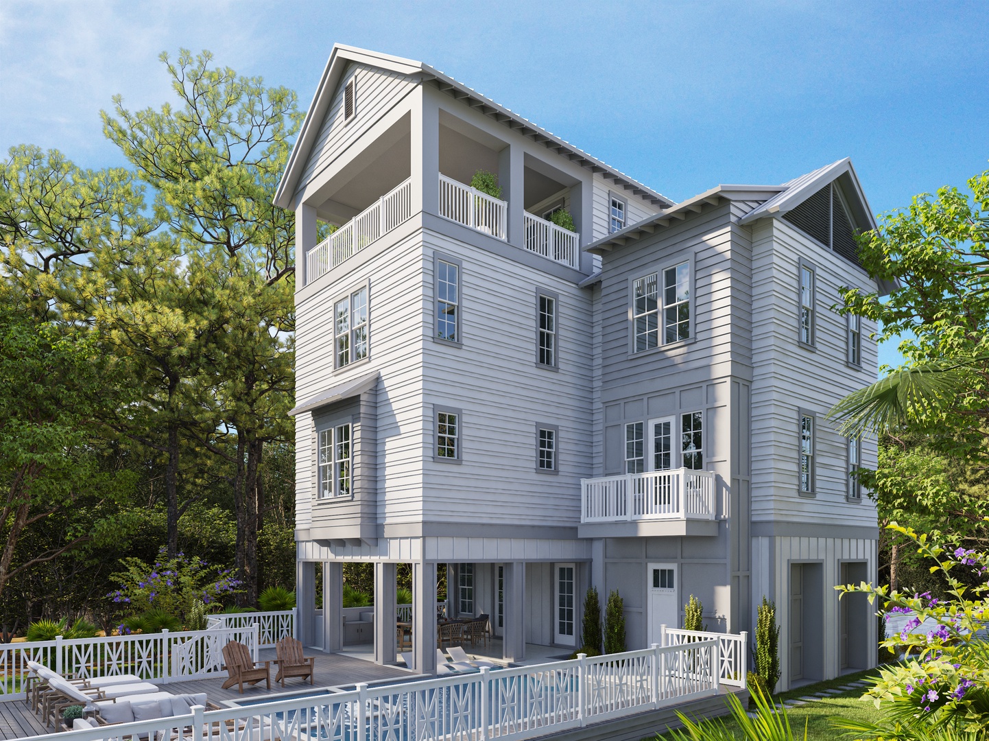 Elegant coastal home with multiple balconies and covered terraces surrounded by lush tropical landscaping under bright blue skies.