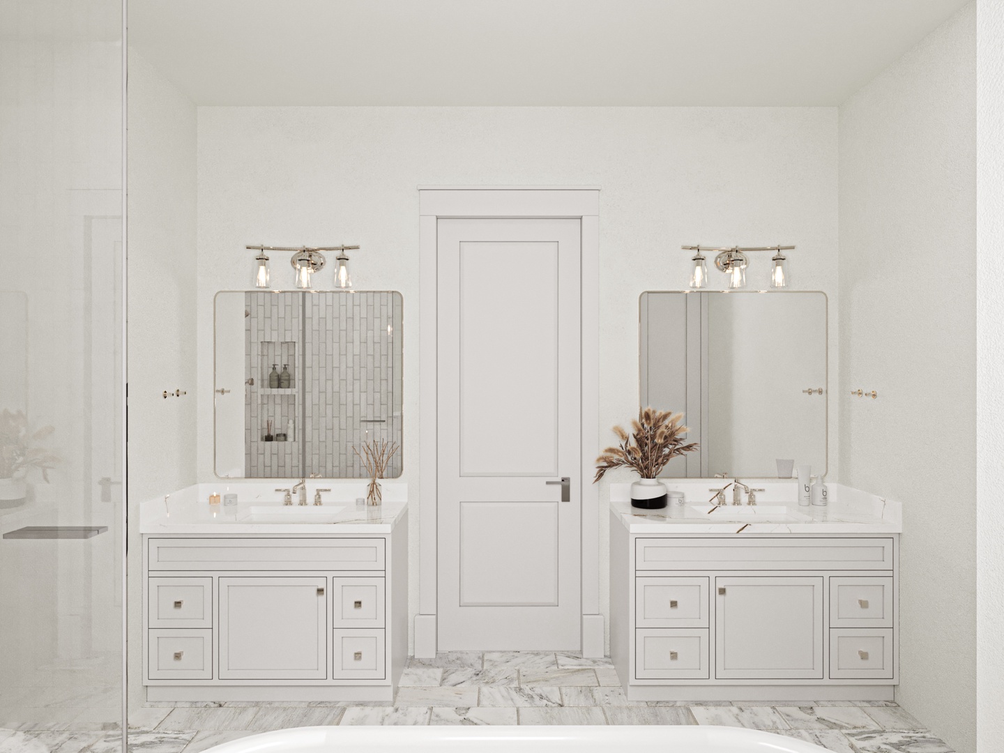 Step into your luxurious ensuite with dual vanities, elegant marble flooring, and sophisticated lighting for your morning routine.