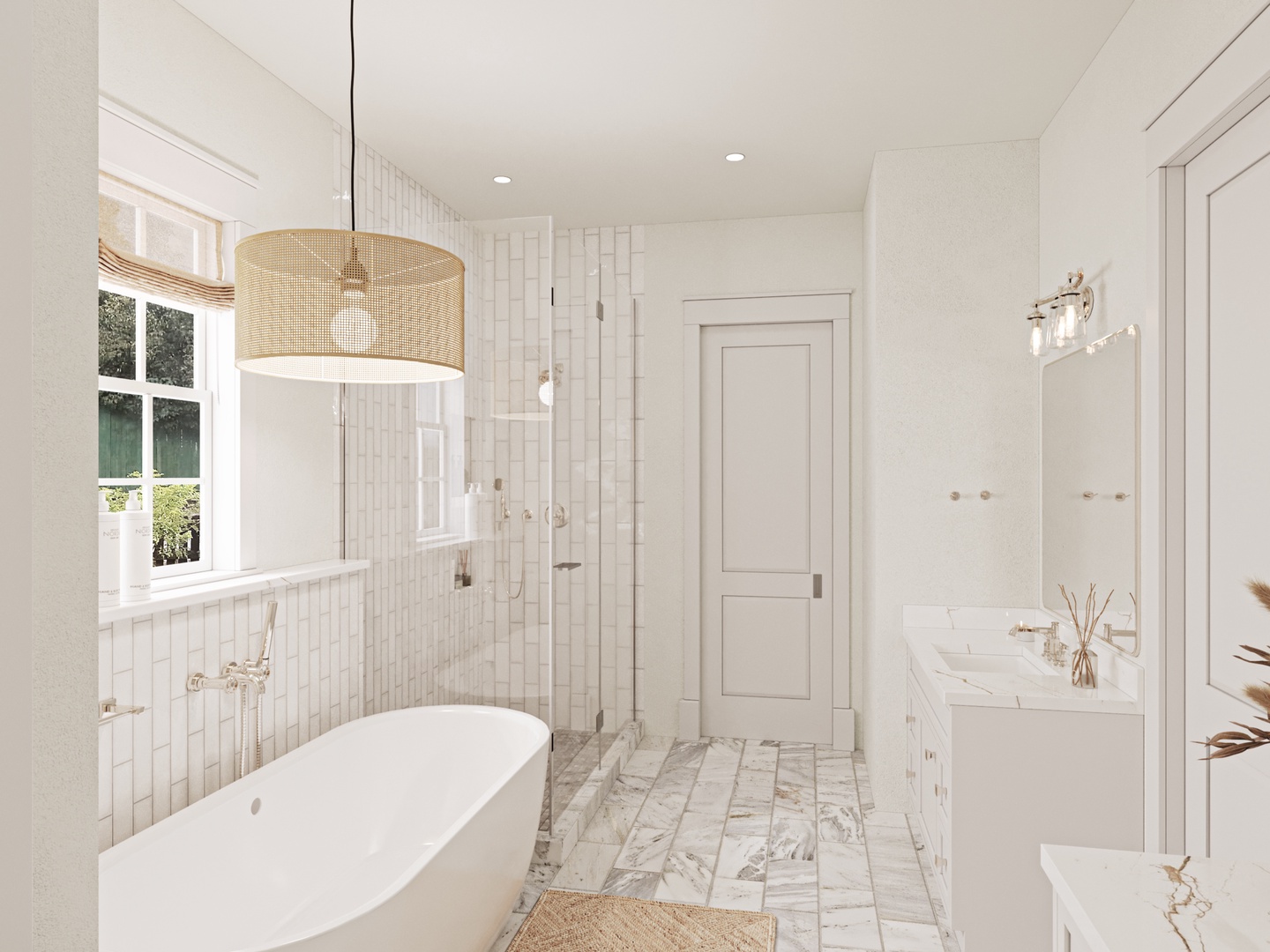 Indulge in your private spa-like bathroom with a luxurious soaking tub, rainfall shower, and elegant marble touches.