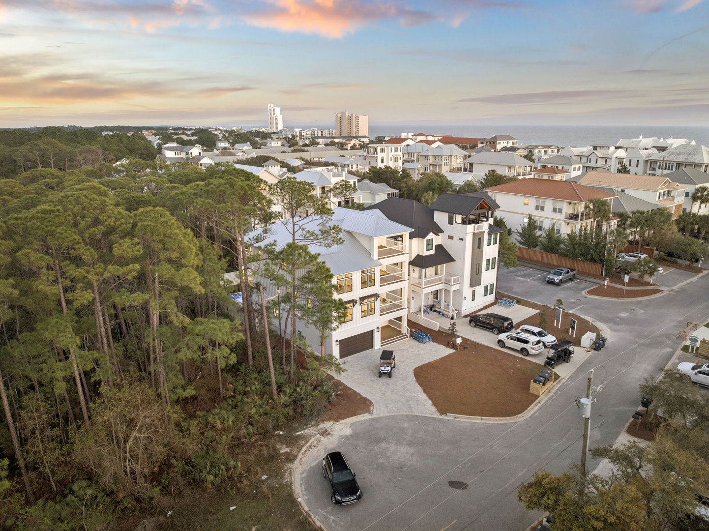 Aerial view of modern beachside community with luxury vacation homes nestled among towering pines and coastal neighborhoods.