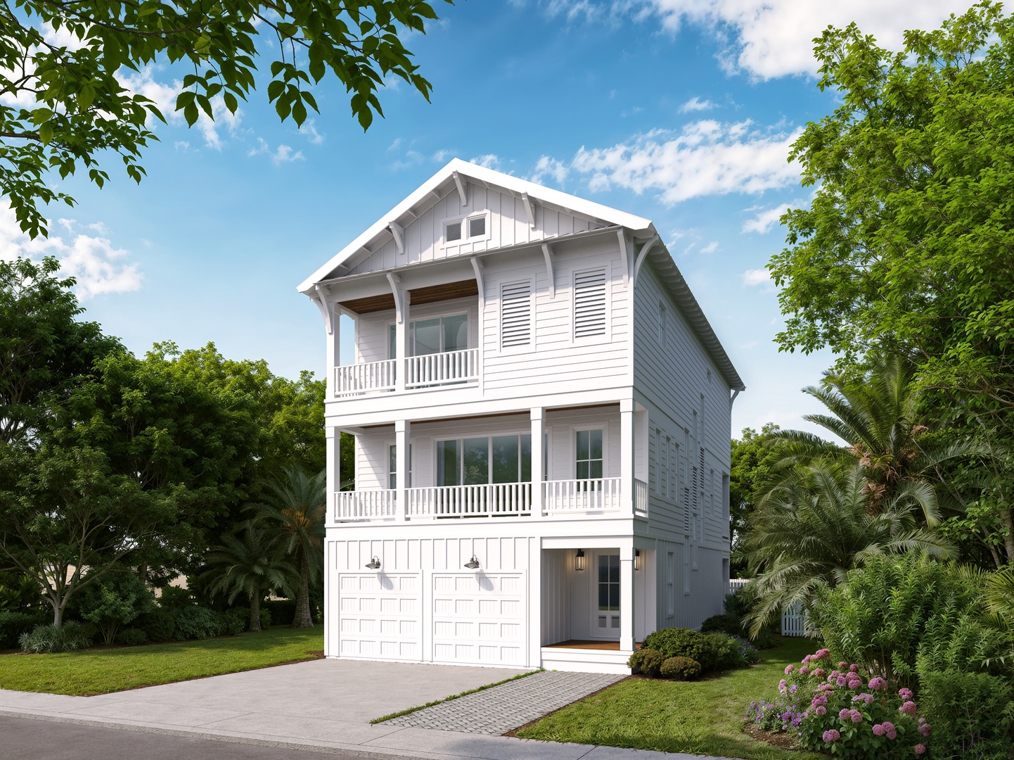 Charming three-story coastal home nestled among lush tropical landscaping with private balconies and convenient ground-level parking.