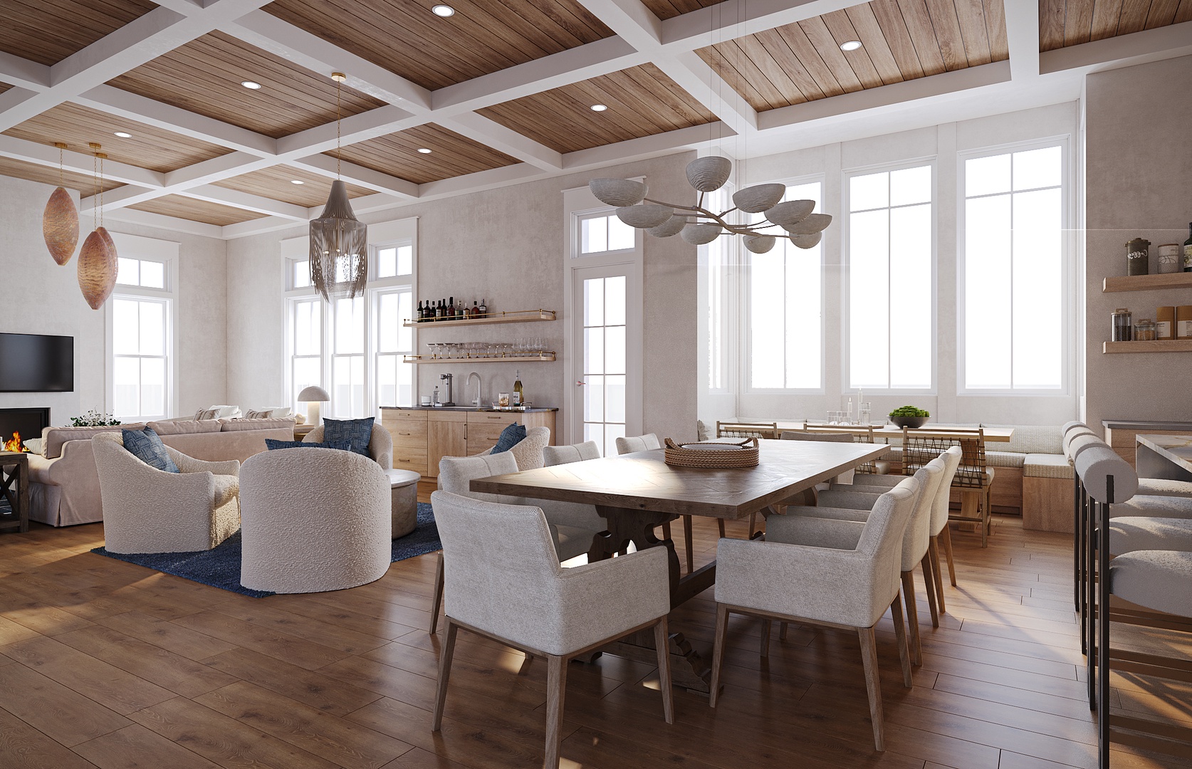 Gather around this stunning dining table beneath elegant coffered ceilings, with plush seating areas and a cozy fireplace creating your perfect retreat for memorable meals and conversation.