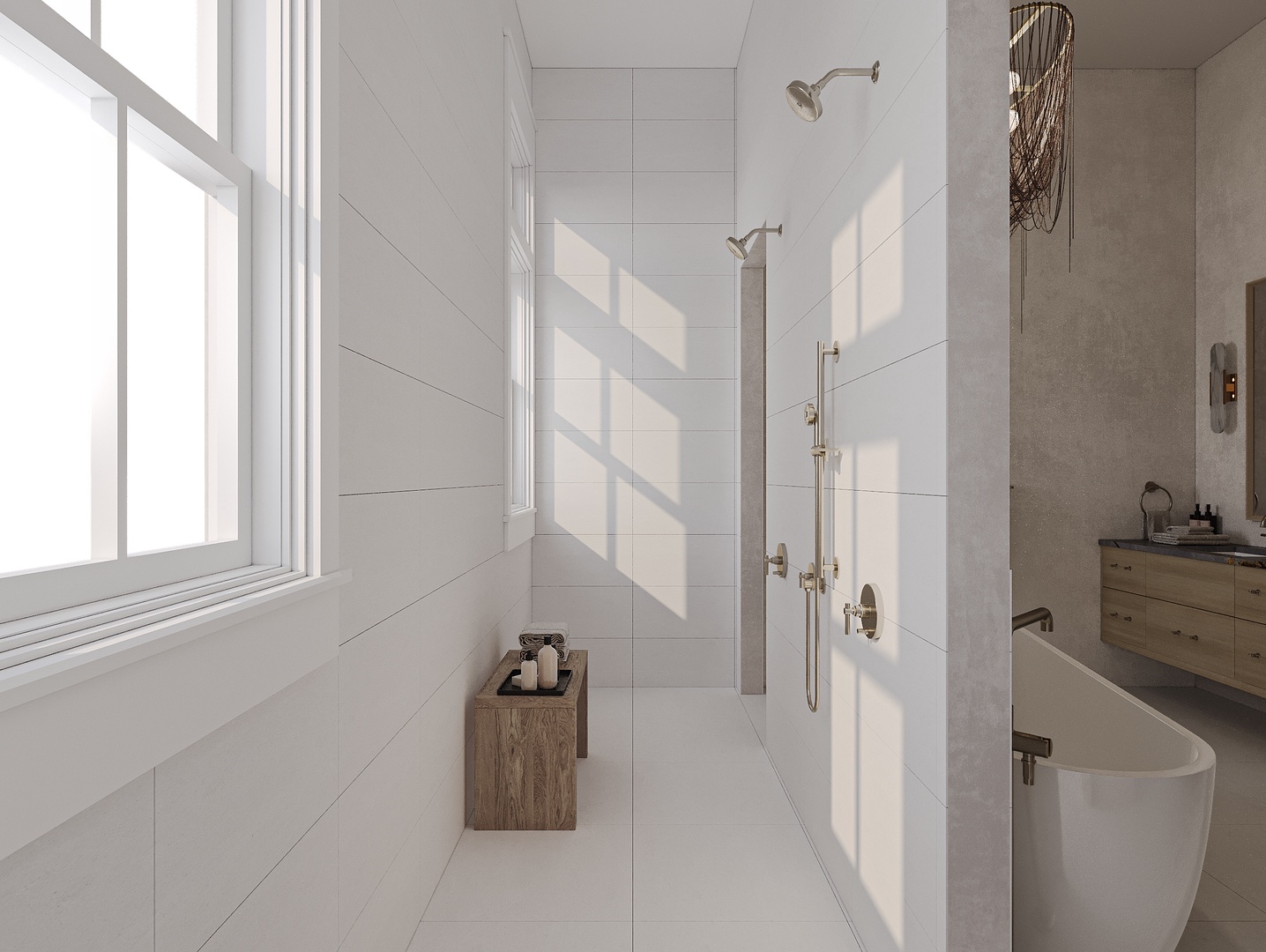 Relax in your spa-like bathroom, where natural light pours over sleek white tiles and a spacious walk-in shower awaits. Modern fixtures and coastal-inspired accents create a serene, refreshing escape.