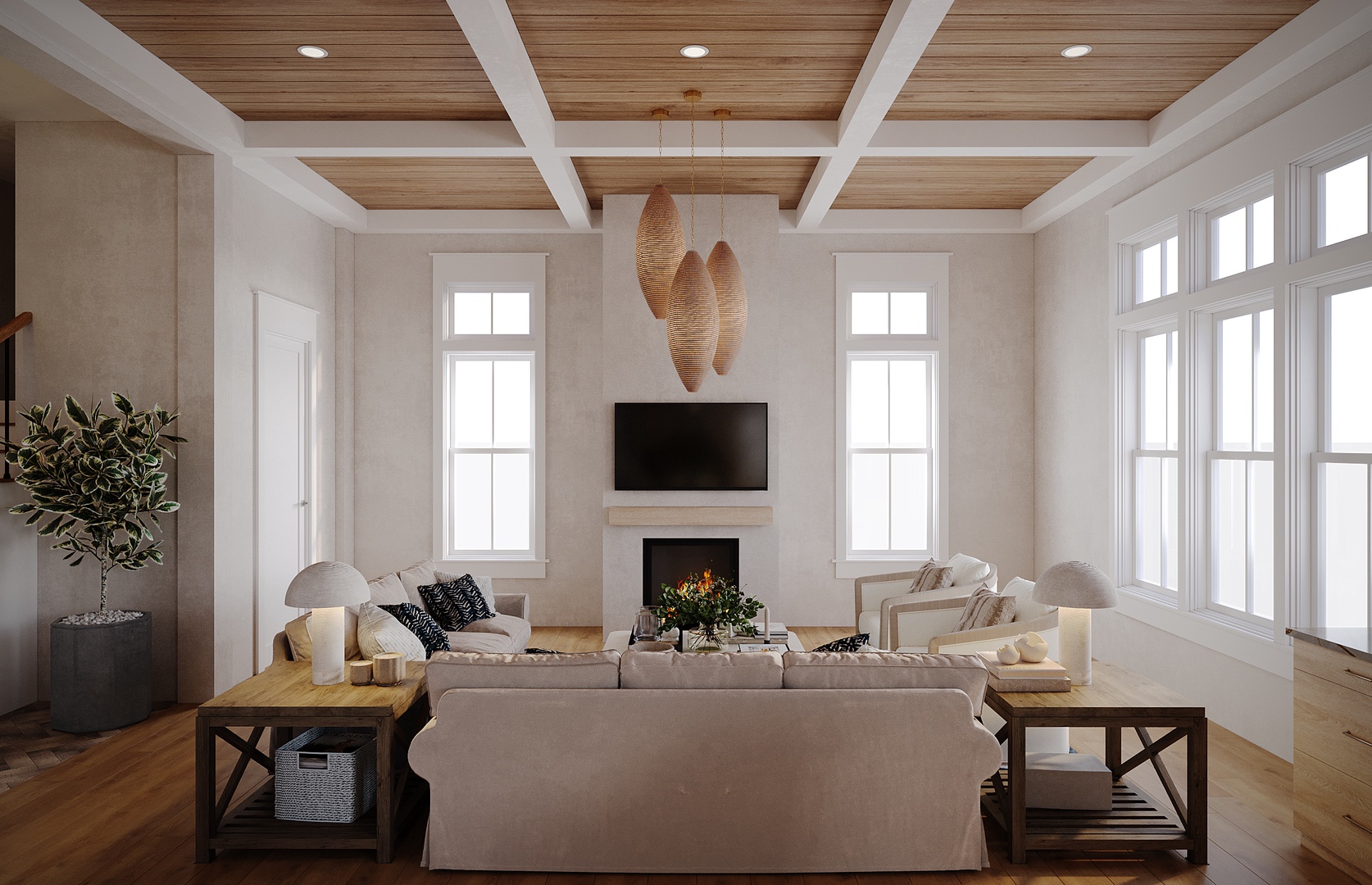 Unwind in your elegant living room where coastal-inspired lighting and a warm fireplace create the perfect retreat after exploring all day.