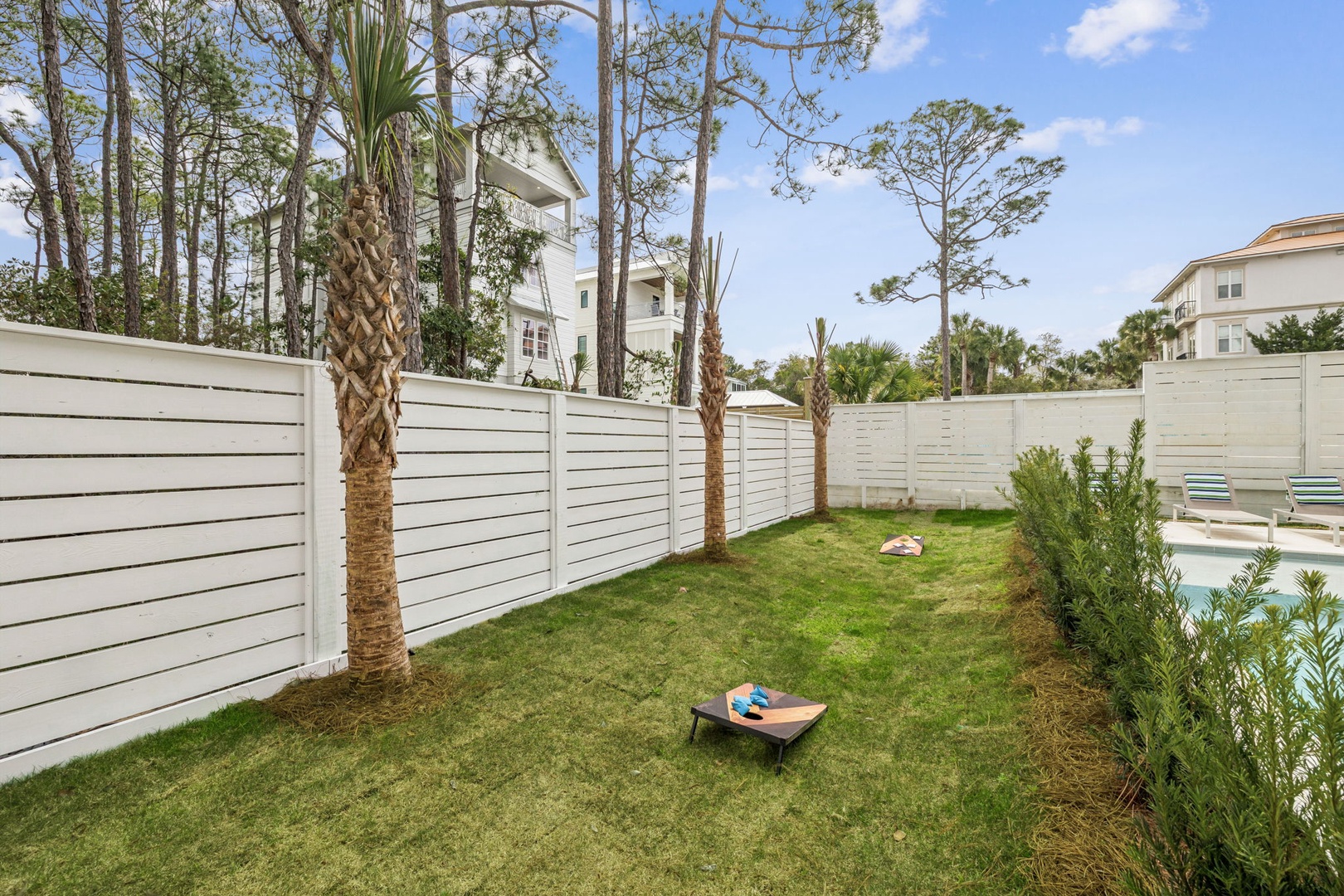 Your private backyard oasis features lush green grass perfect for morning coffee or evening relaxation under swaying palm trees.