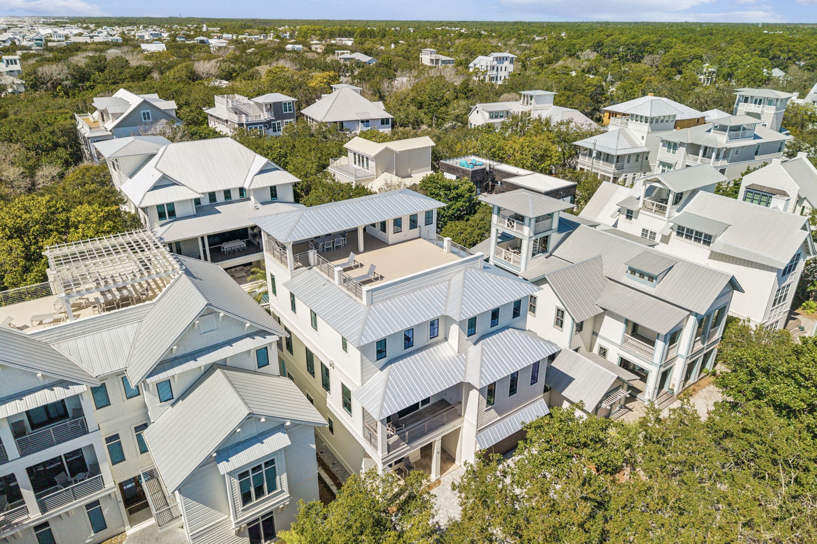 Elevated coastal neighborhood showcasing modern beach architecture with metal roofing and natural vegetation throughout the community.