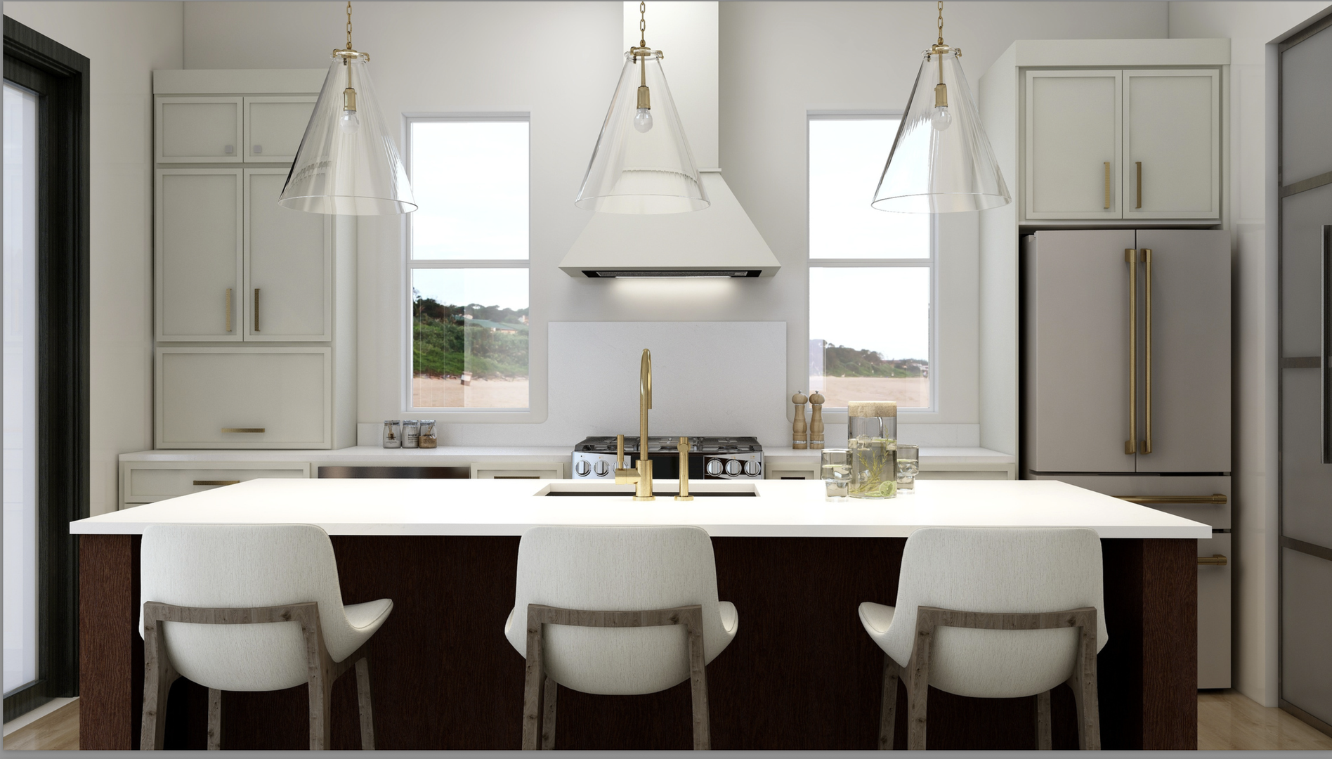Your modern kitchen blends style with function—bright windows frame coastal views, sleek pendant lights hang above a spacious island, and premium stainless appliances make meal prep a breeze.