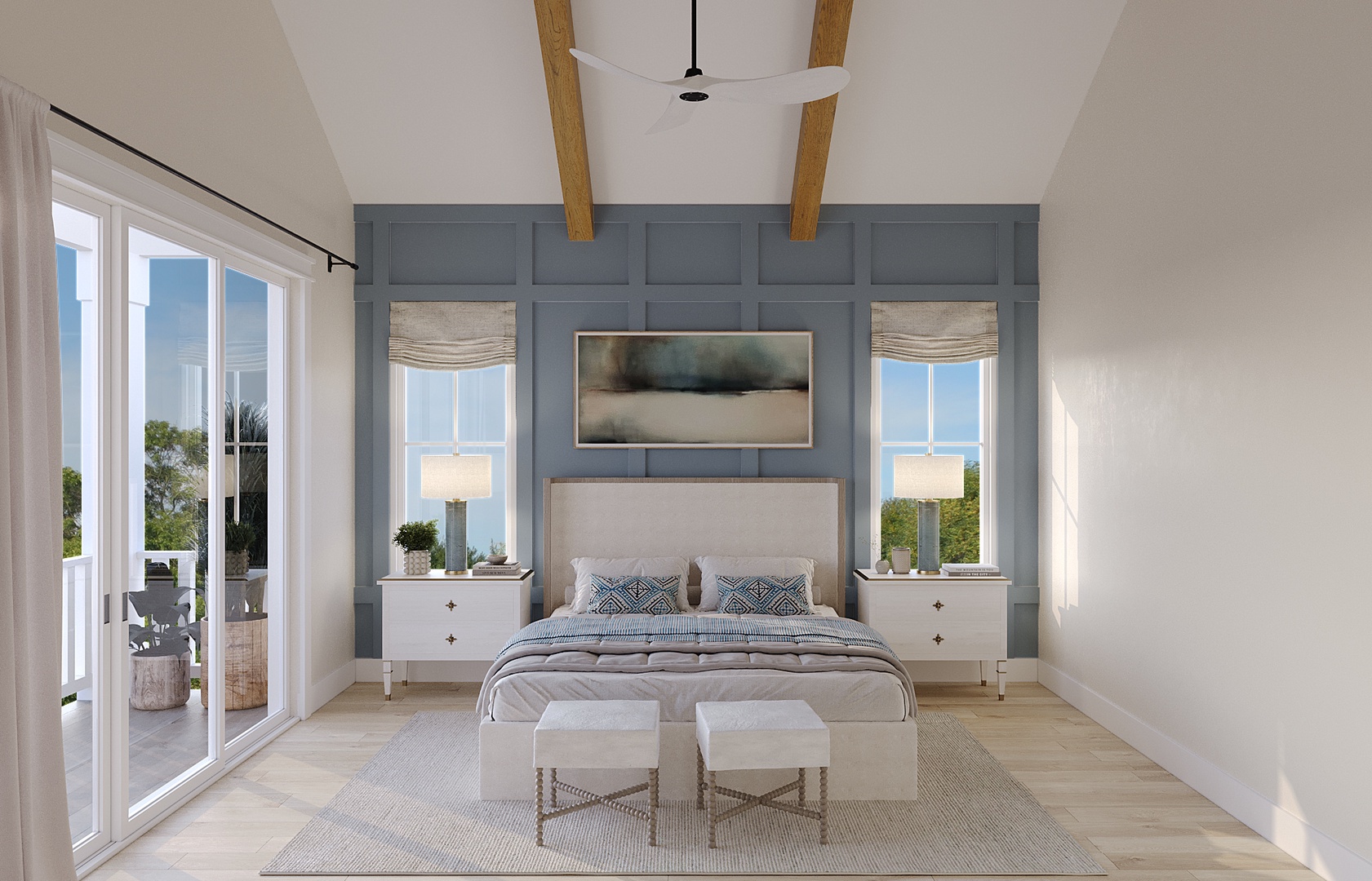 Your serene bedroom sanctuary awaits with stunning ocean views through floor-to-ceiling windows.