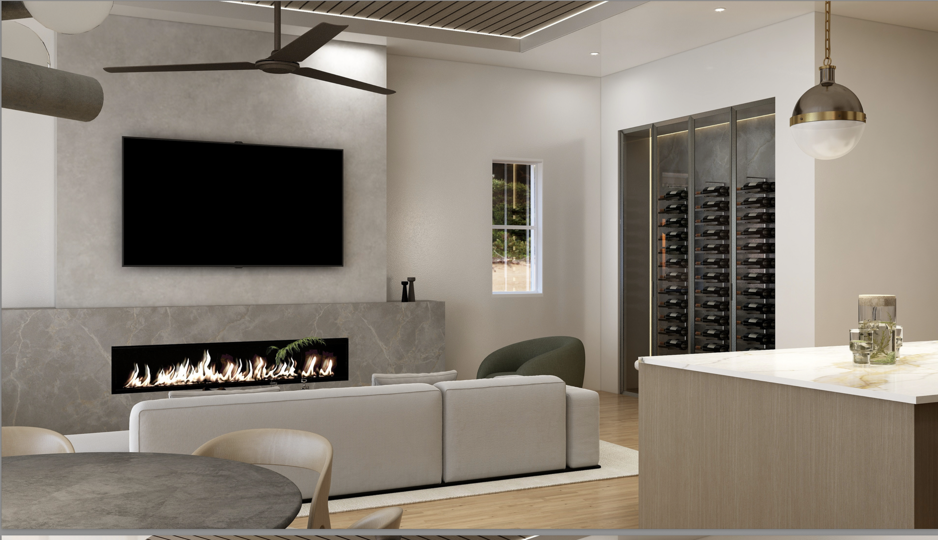 Gather in your open-concept living space where a striking fireplace and modern wine storage create the perfect backdrop for evening conversations.