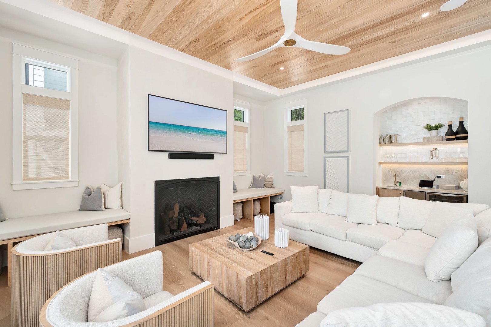 Sink into plush seating and unwind in your bright, airy living space, complete with a cozy fireplace and warm wood accents to make you feel right at home.