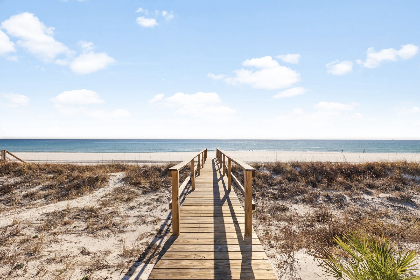 Wooden boardwalk leads through coastal dunes to pristine sandy beach with endless ocean views under blue skies.